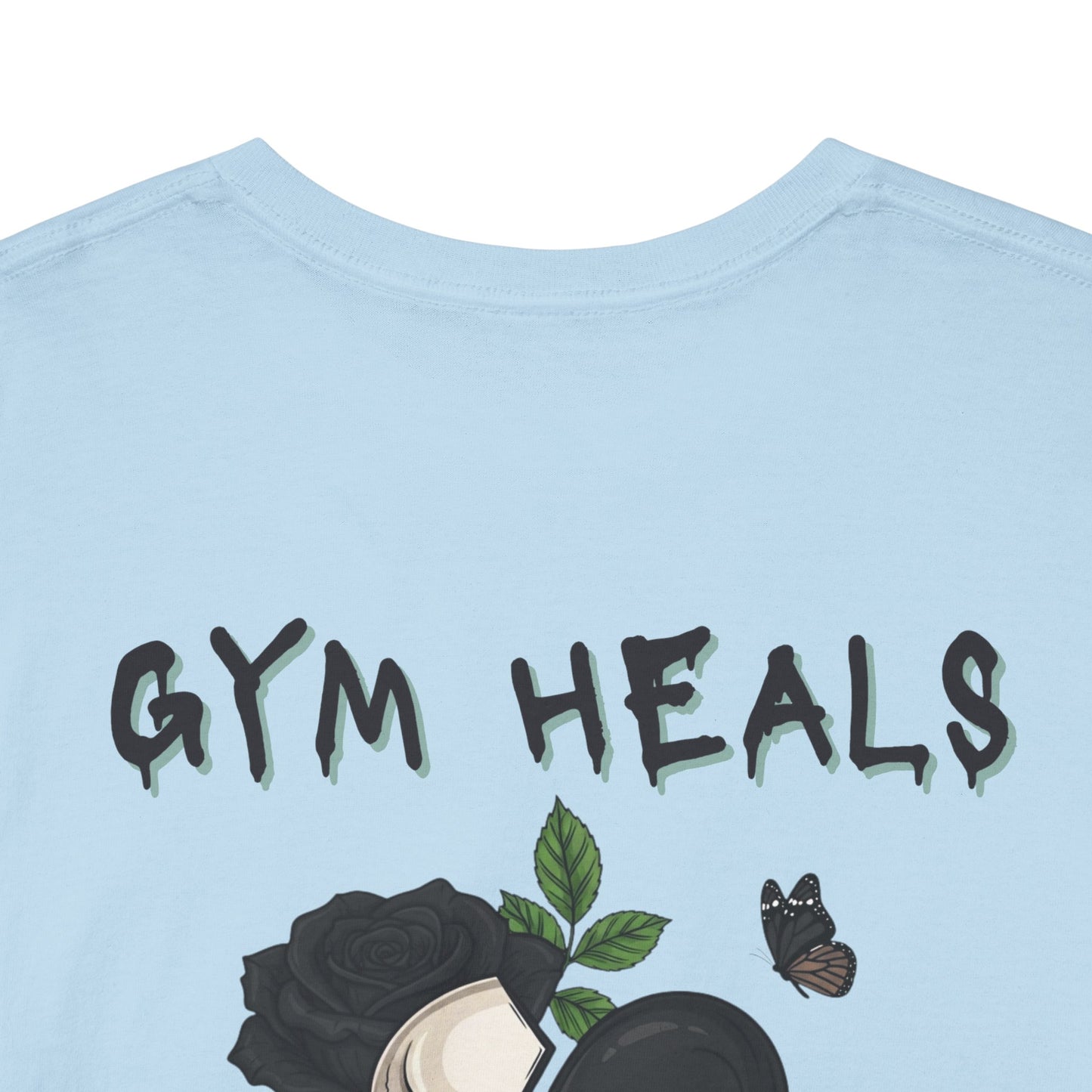 "Gym Heals" Broken Heart Skull Rose Tee in Black
