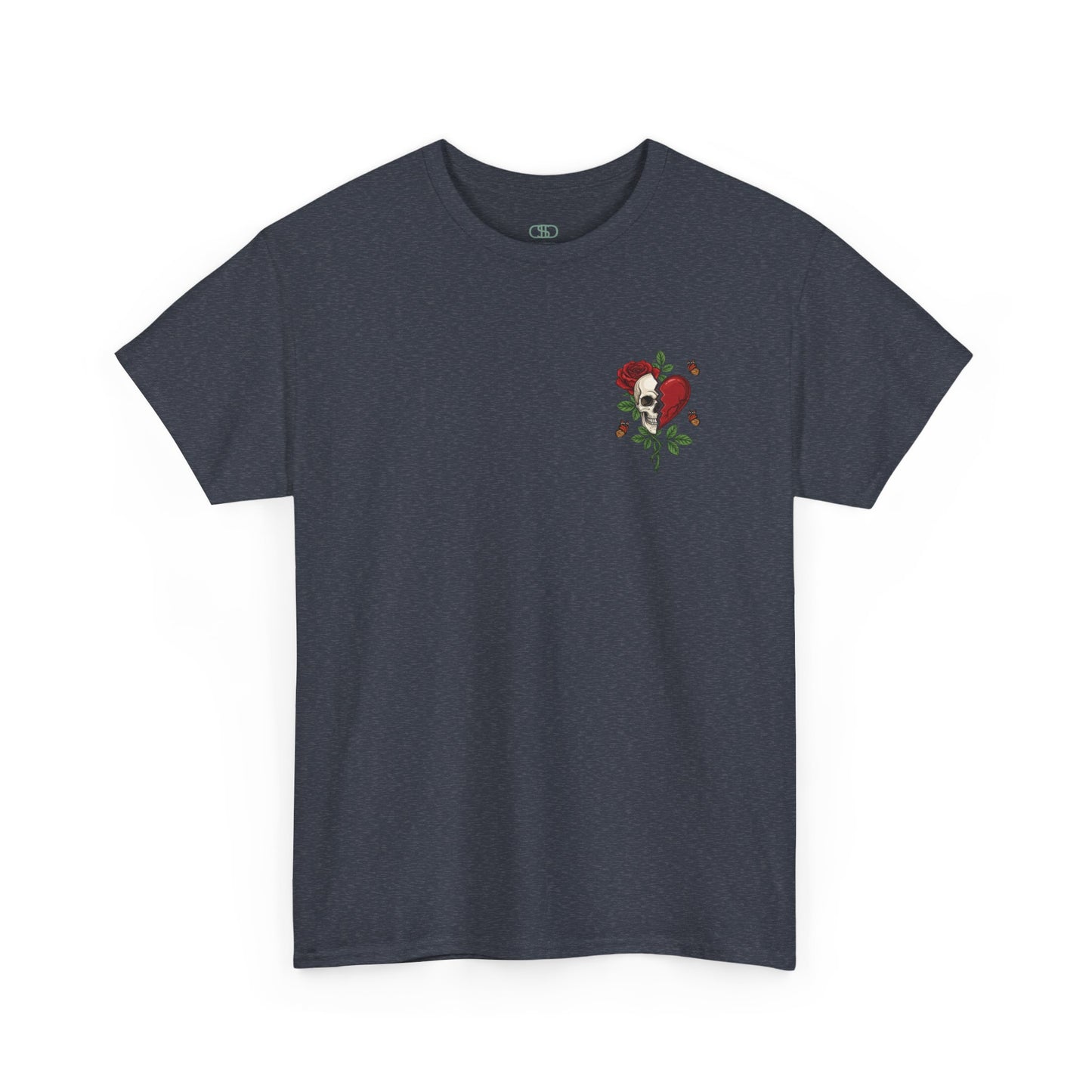 A dark heather t-shirt with a front design of a half skull, half broken heart, and a rose. The back reads "Gym Heals" in red.