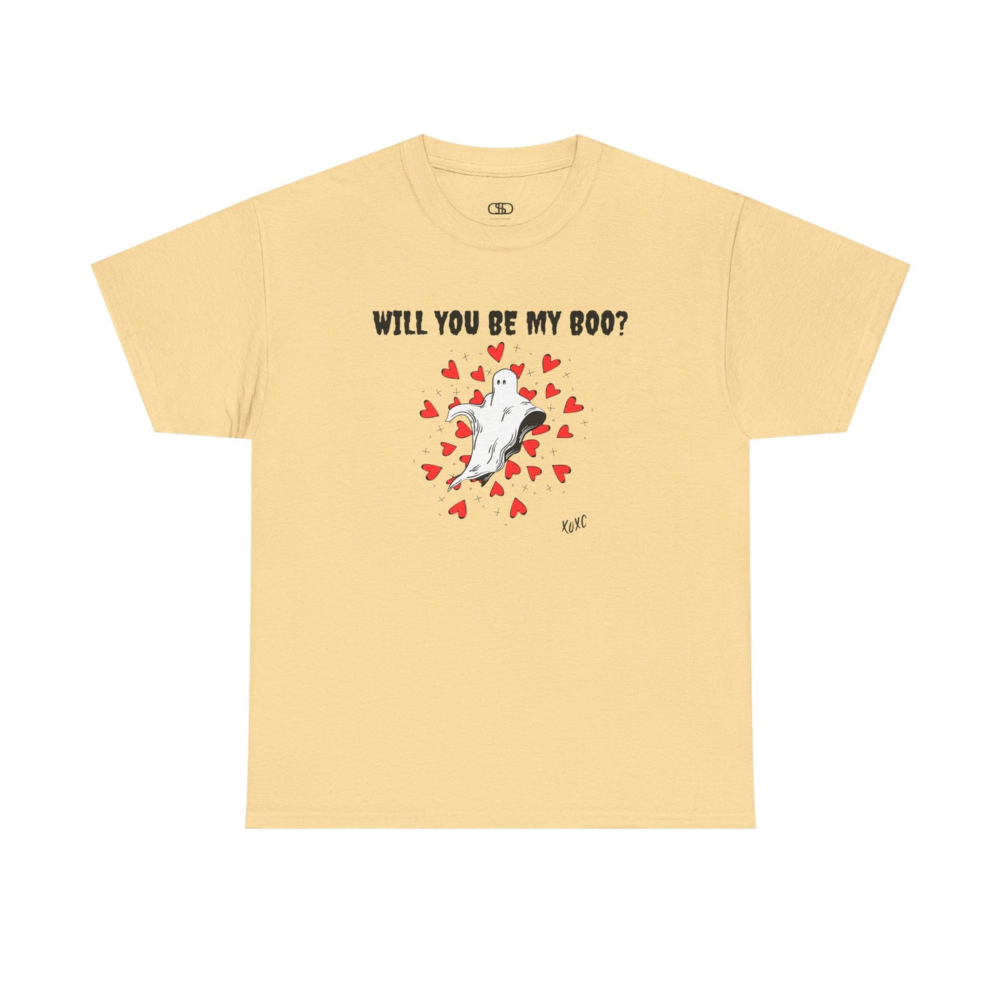A t-shirt featuring a cute floating ghost surrounded by bursting hearts. At the top of the design, the text reads, "Will You Be my Boo?"