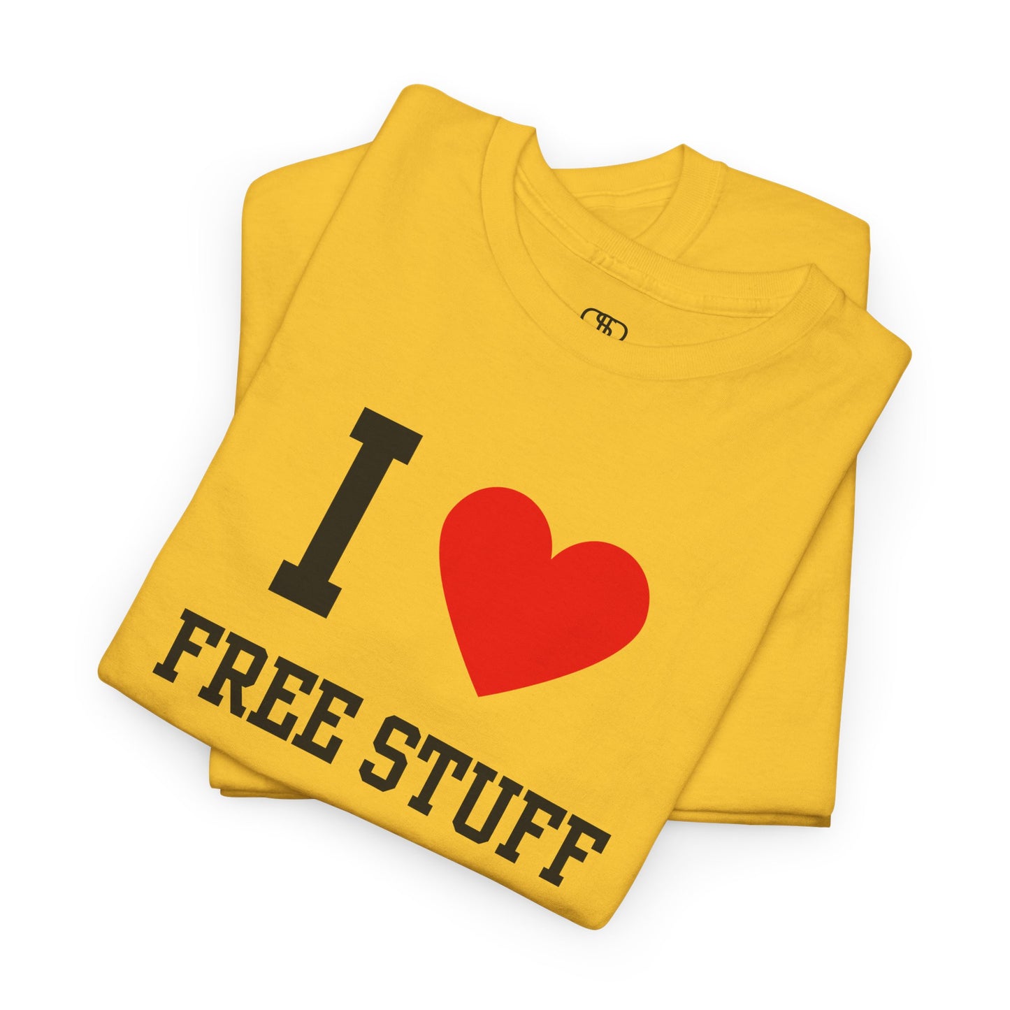 A funny folded gold t-shirt with the iconic "I Love" design, featuring the text "I," a red heart, and the phrase "Free Stuff" below.