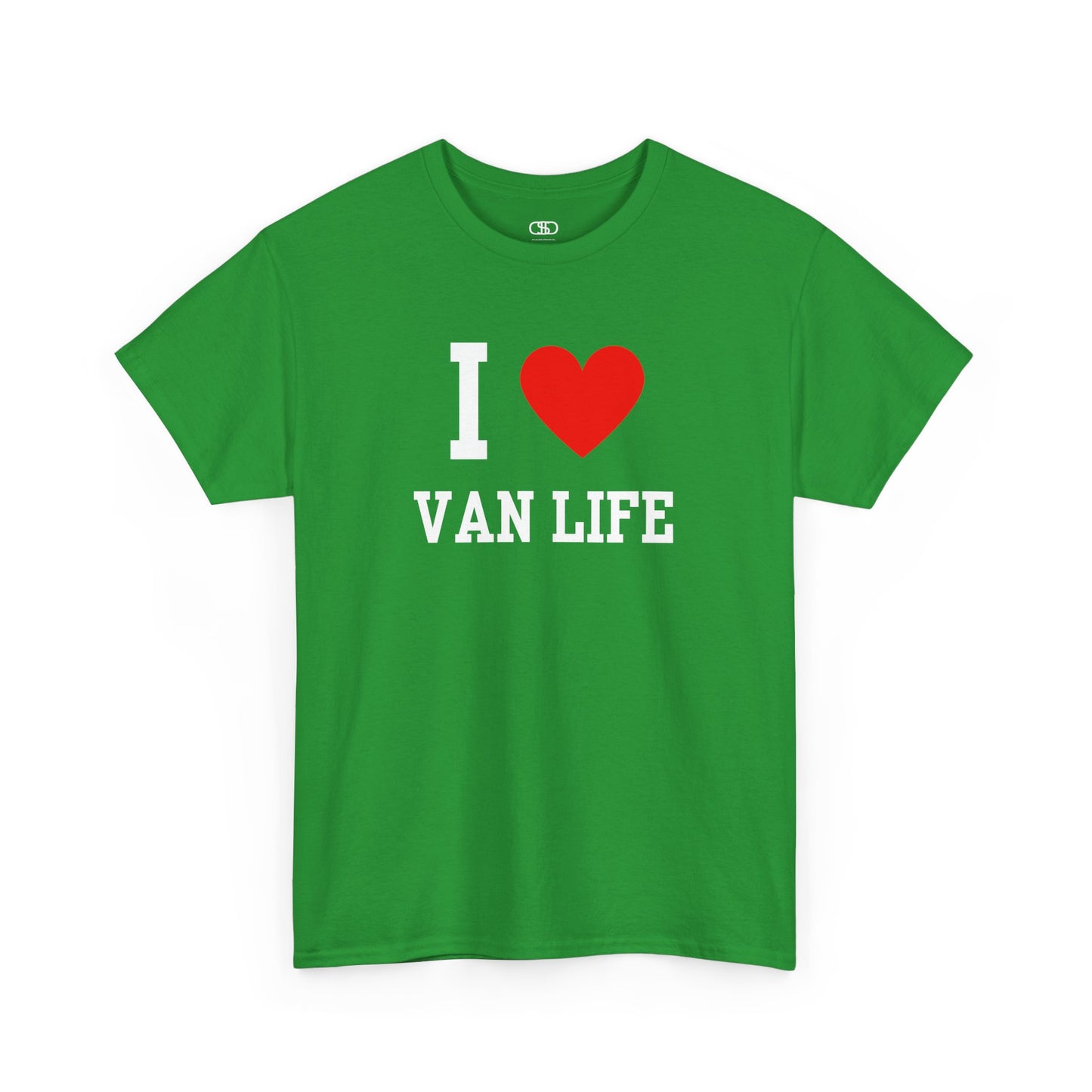 Green t-shirt with 'I ❤️ VAN LIFE' text on a white background
