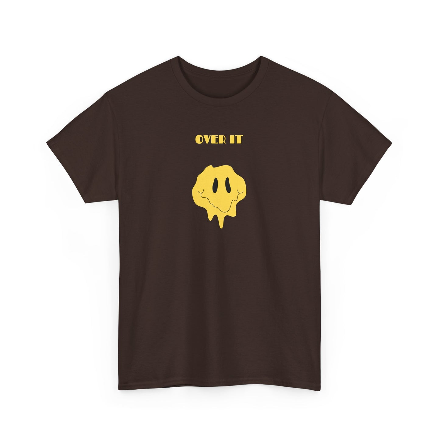 A t-shirt with a graphic of a yellow smiley face emoji melting into a puddle, with the words "Over It" printed below in a bold font.