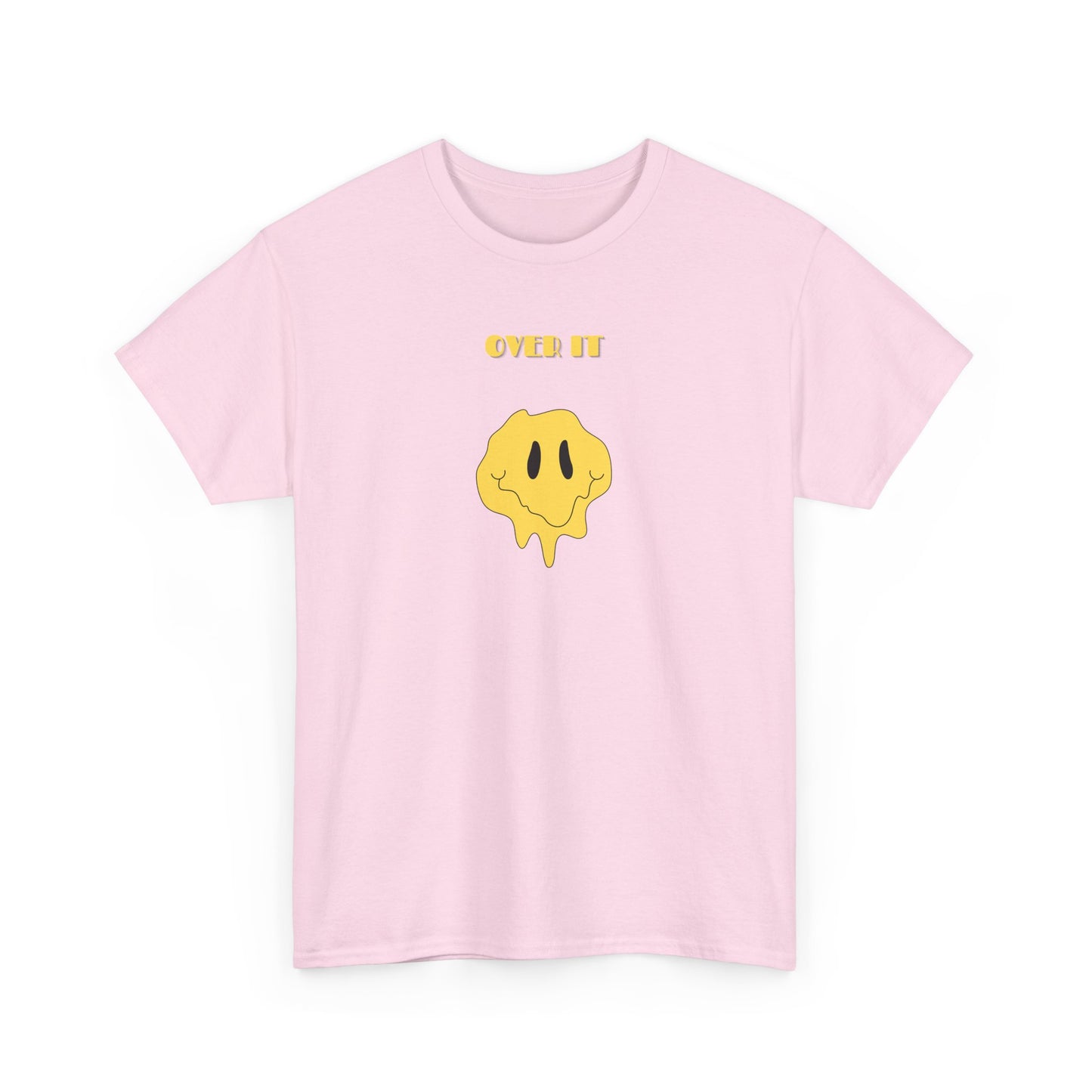 A t-shirt with a graphic of a yellow smiley face emoji melting into a puddle, with the words "Over It" printed below in a bold font.