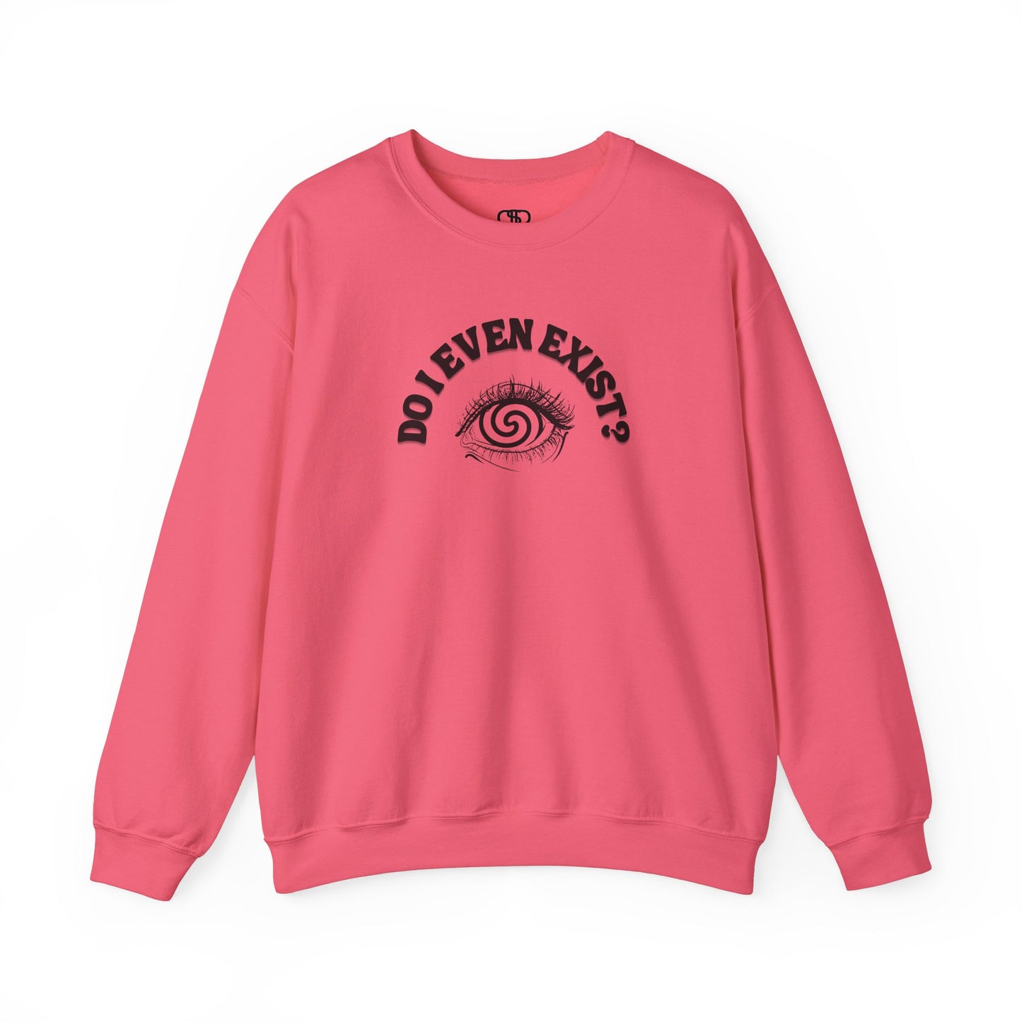 A sweatshirt with a graphic print of a detailed, realistic eye that contains an optical illusion of a spiral. The text "Do I even Exist?" is printed above the eye in a clean font.