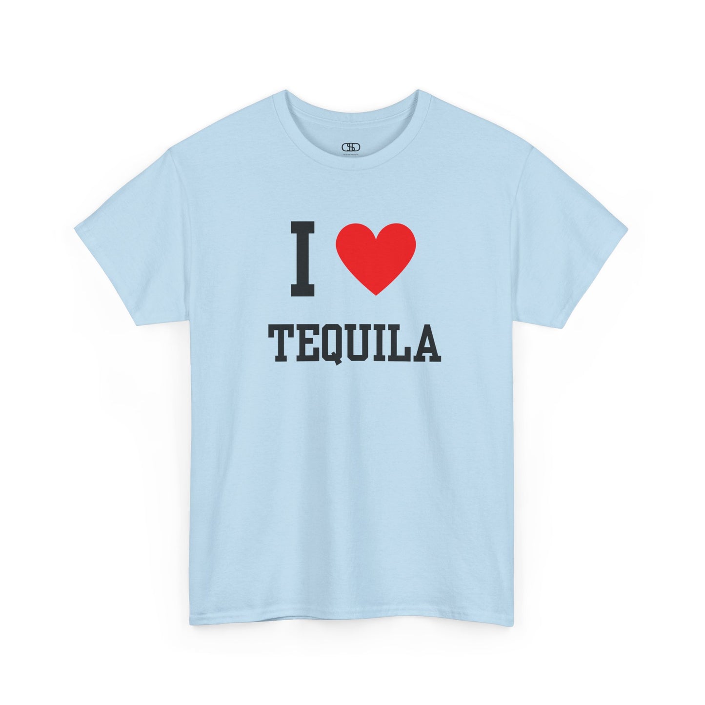 A light blue t-shirt displaying the iconic "I Love" design, with the text "I," followed by a red heart symbol, and the word "Tequila" printed underneath.