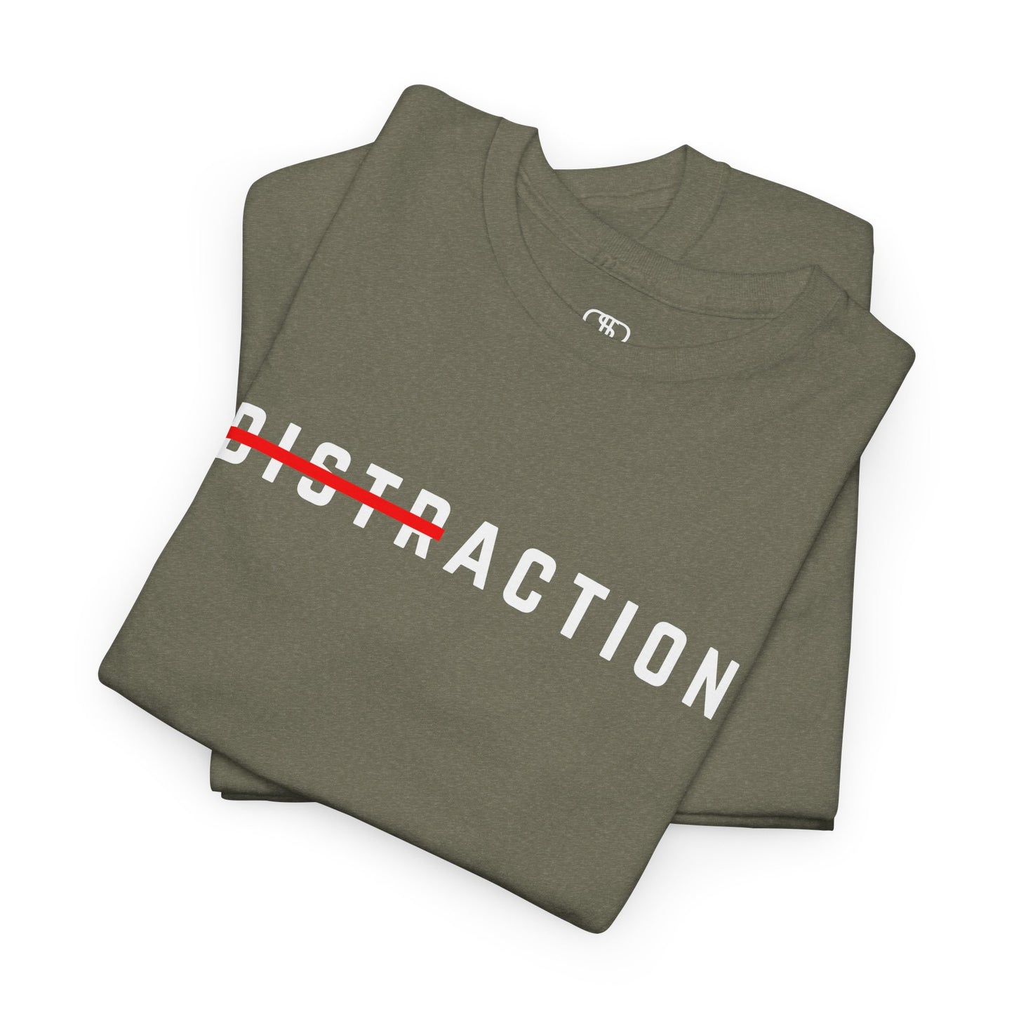 A folded A minimalist t-shirt featuring the word "Distraction" with the 'Dist' part crossed out, emphasizing the word 'Action' in a bold font.