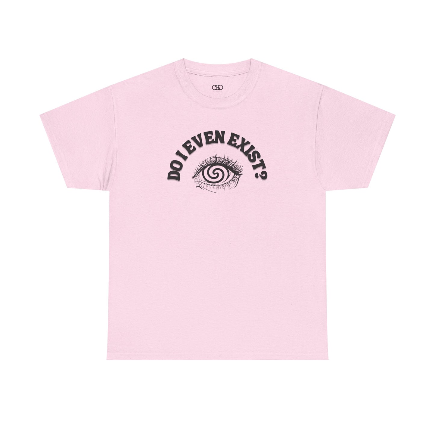 Light Pink T-shirt with an eyeball and a mind-bending optical illusion and the text "Do I even exist?"