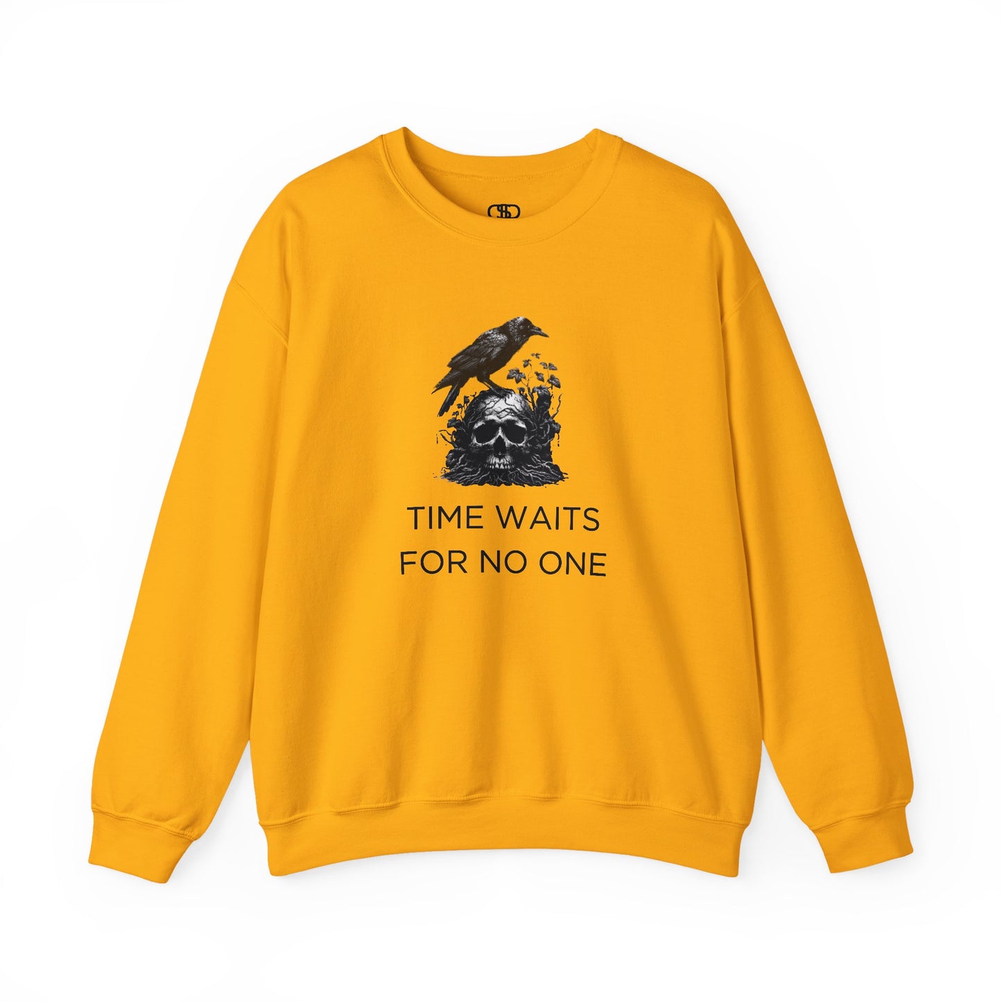 A sweatshirt featuring a detailed illustration of a crow perched on a human skull that is intertwined with overgrown vines and moss. Along with the words Time Waits For No One.
