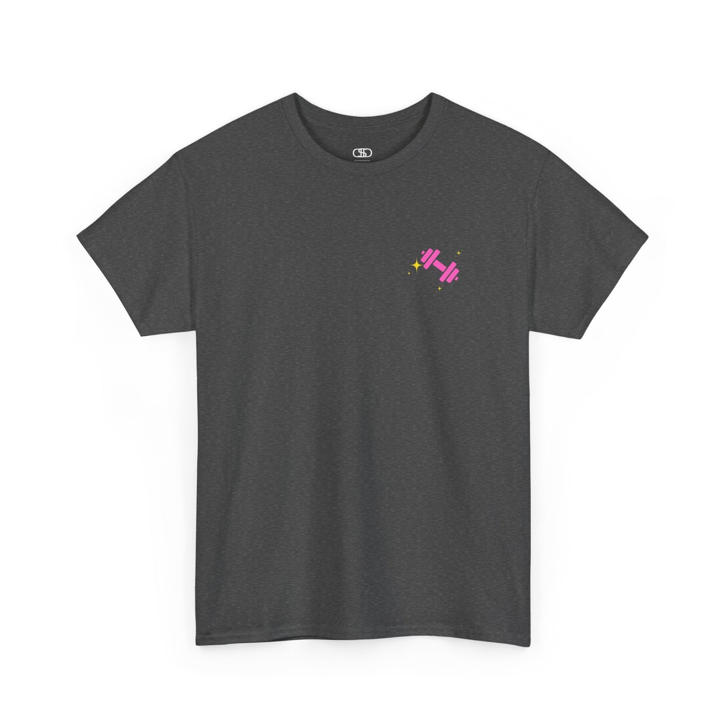 A heather gray t-shirt with a pink dumbbell on the front and the phrase “I work out because punching people is frowned Upon” in a retro font on the back.