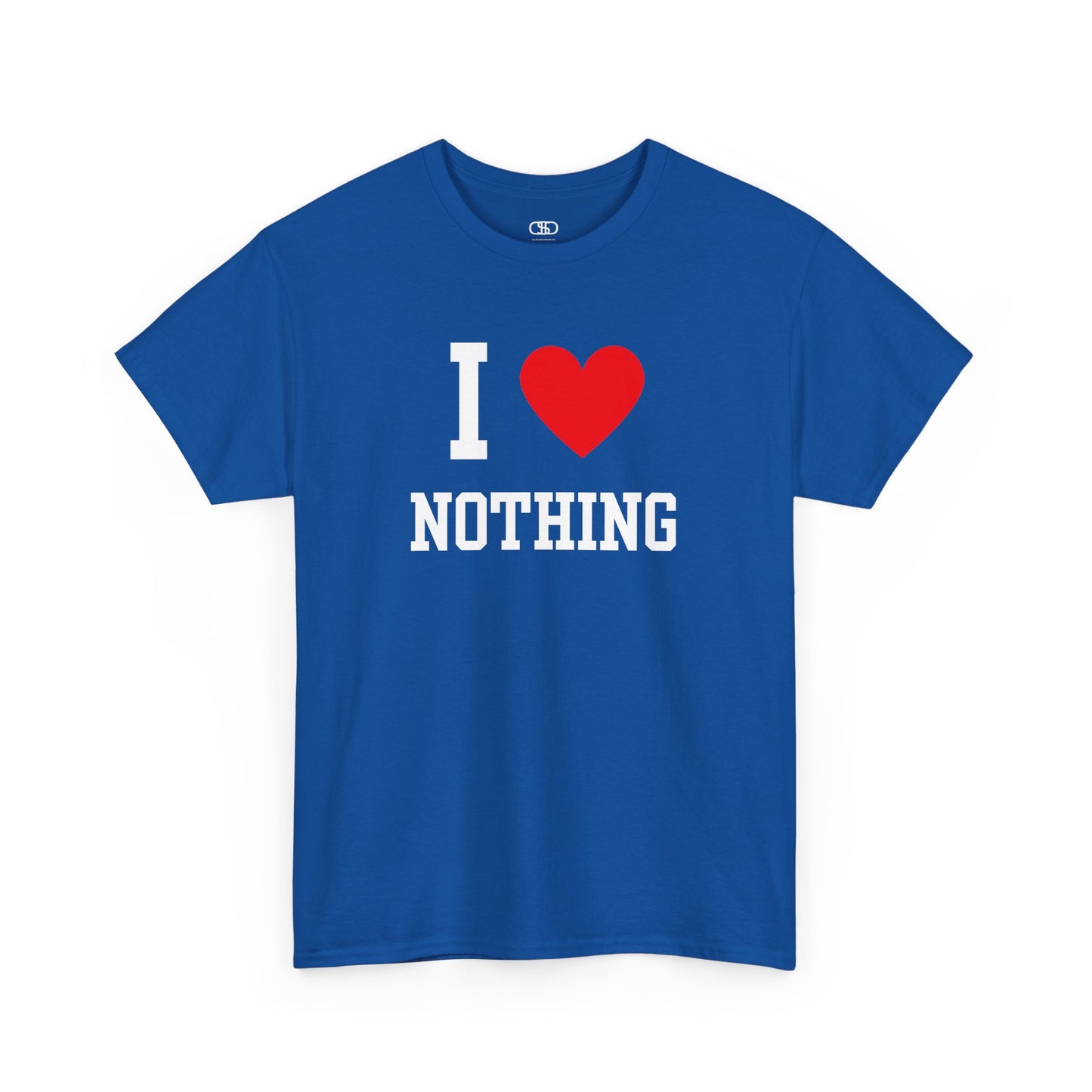 Embrace the void. Our classic Royal Blue I Love Nothing t-shirt is the perfect piece of sarcastic, minimalist, and dark humor. A statement for the modern nihilist.