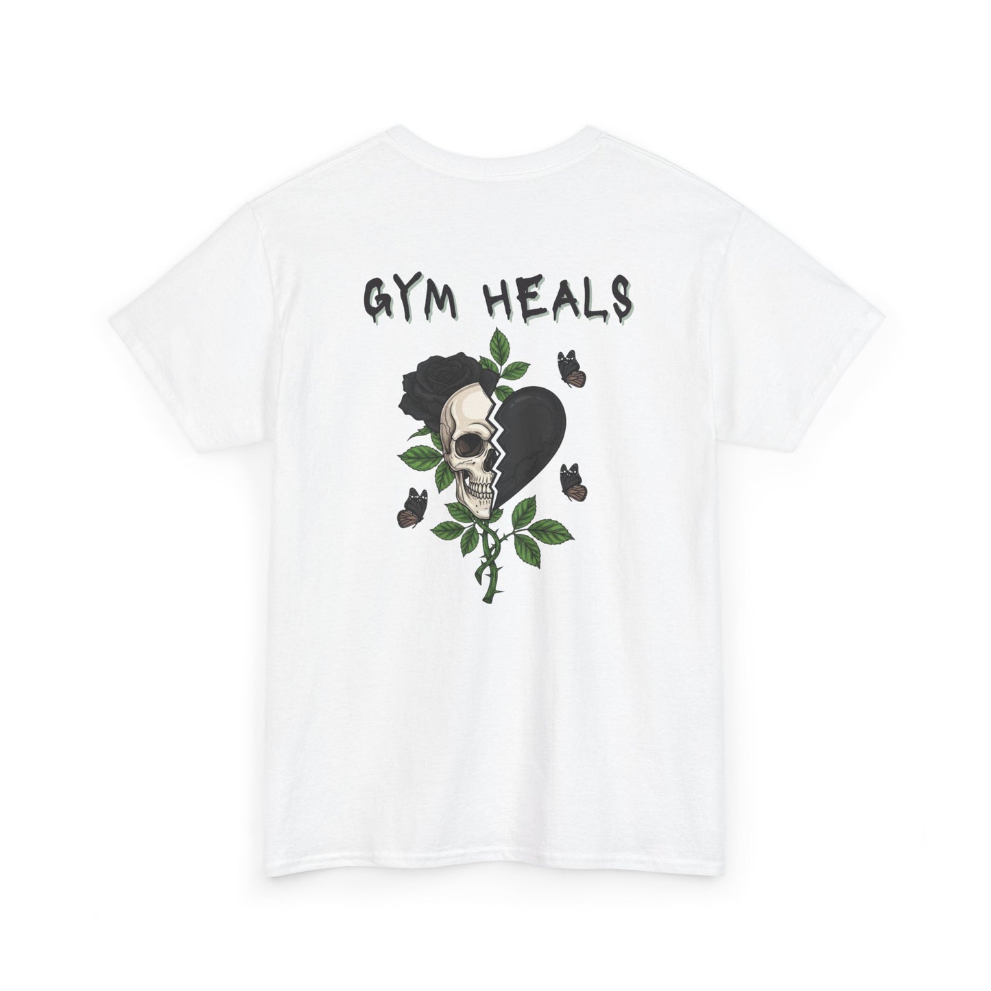 A white t-shirt with a front design of a half skull, half broken heart, and a rose. The back reads "Gym Heals" in black.