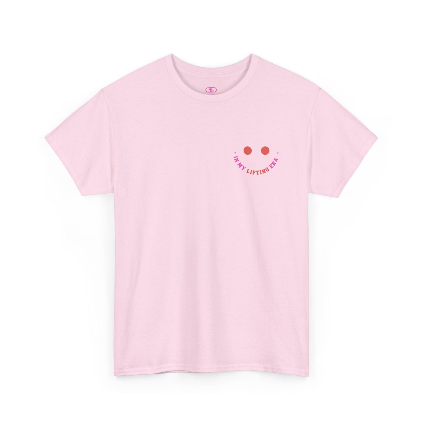 A light pink t-shirt with a retro smiley face on the front and the phrase “In my lifting Era” in a creative retro design on the back.