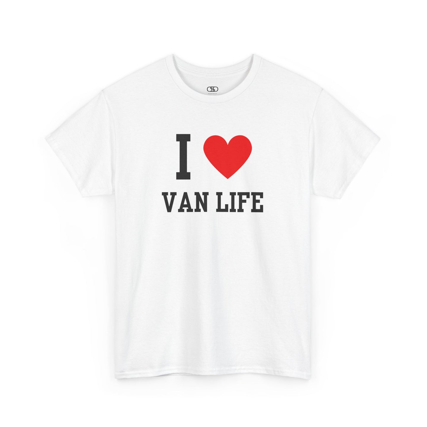 White t-shirt with 'I ❤️ VAN LIFE' text on a white background