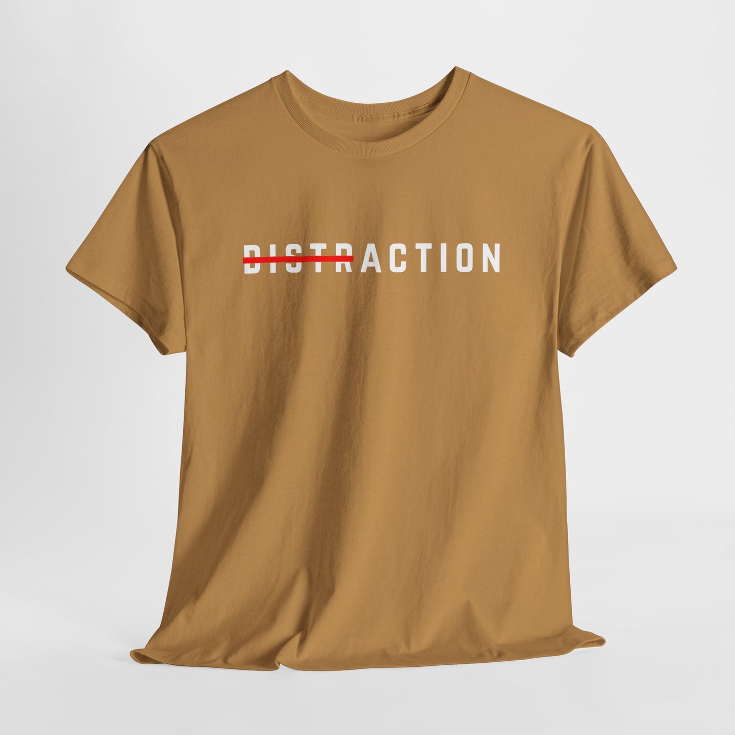 A minimalist t-shirt featuring the word "Distraction" with the 'Dist' part crossed out, emphasizing the word 'Action' in a bold font.