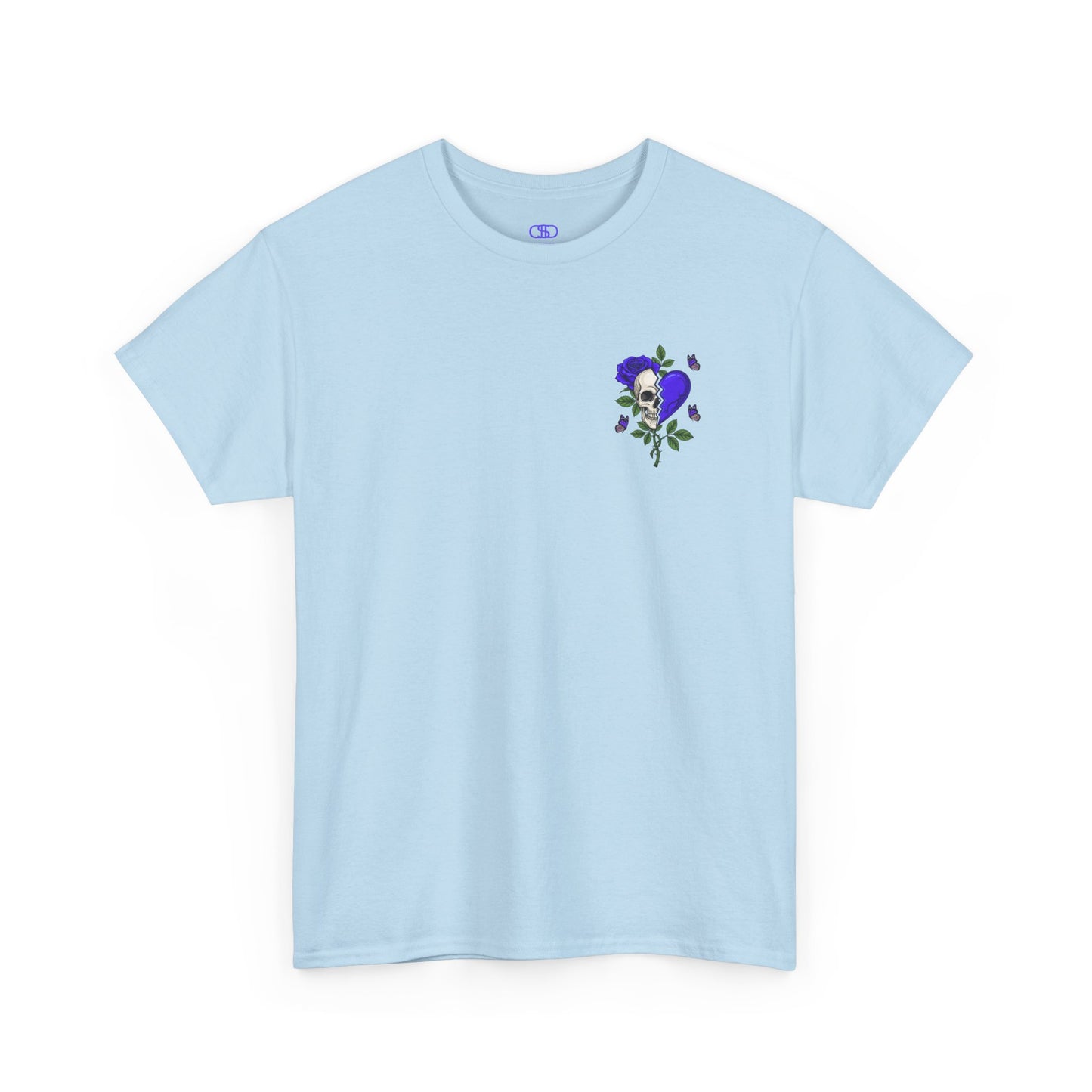A light blue t-shirt with a front design of a half skull, half broken purple heart, and a rose. The back reads "Gym Heals" along with a similar design found on the front.