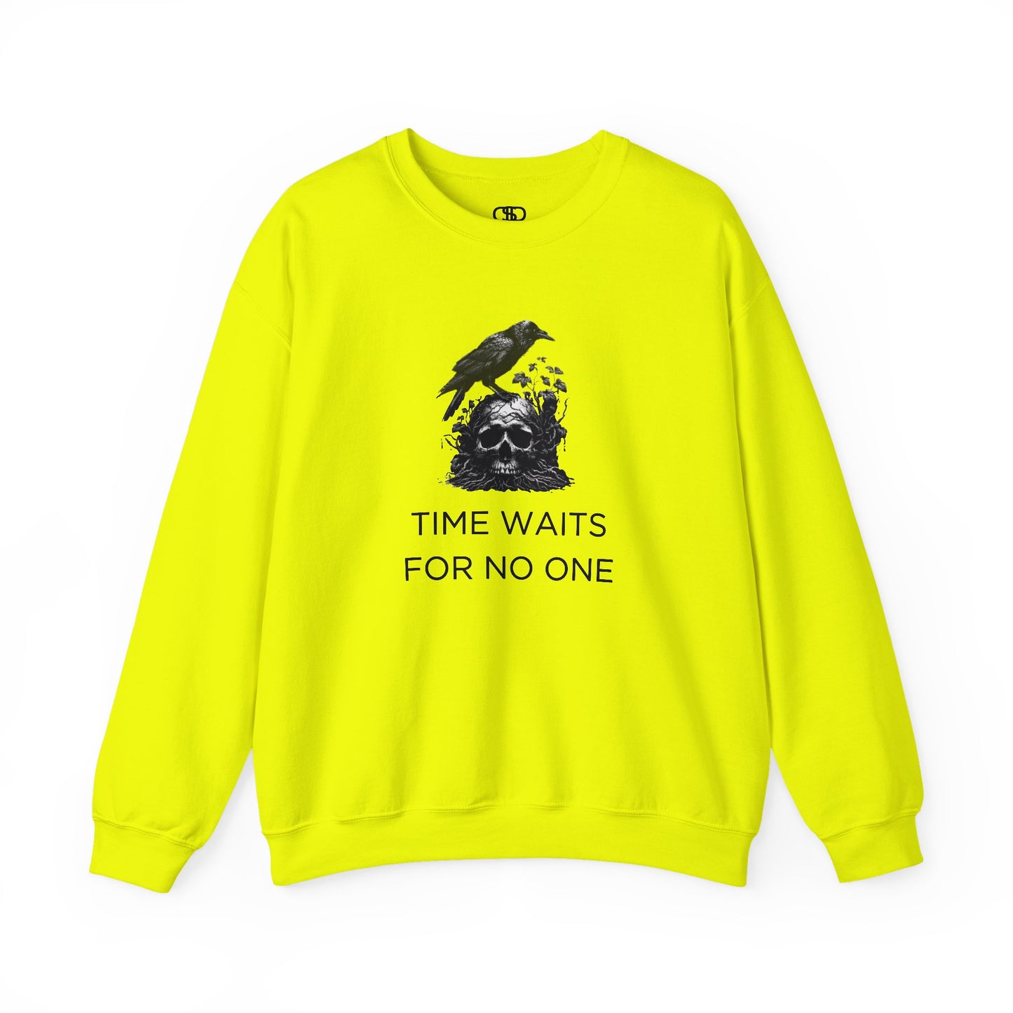 A sweatshirt featuring a detailed illustration of a crow perched on a human skull that is intertwined with overgrown vines and moss. Along with the words Time Waits For No One.