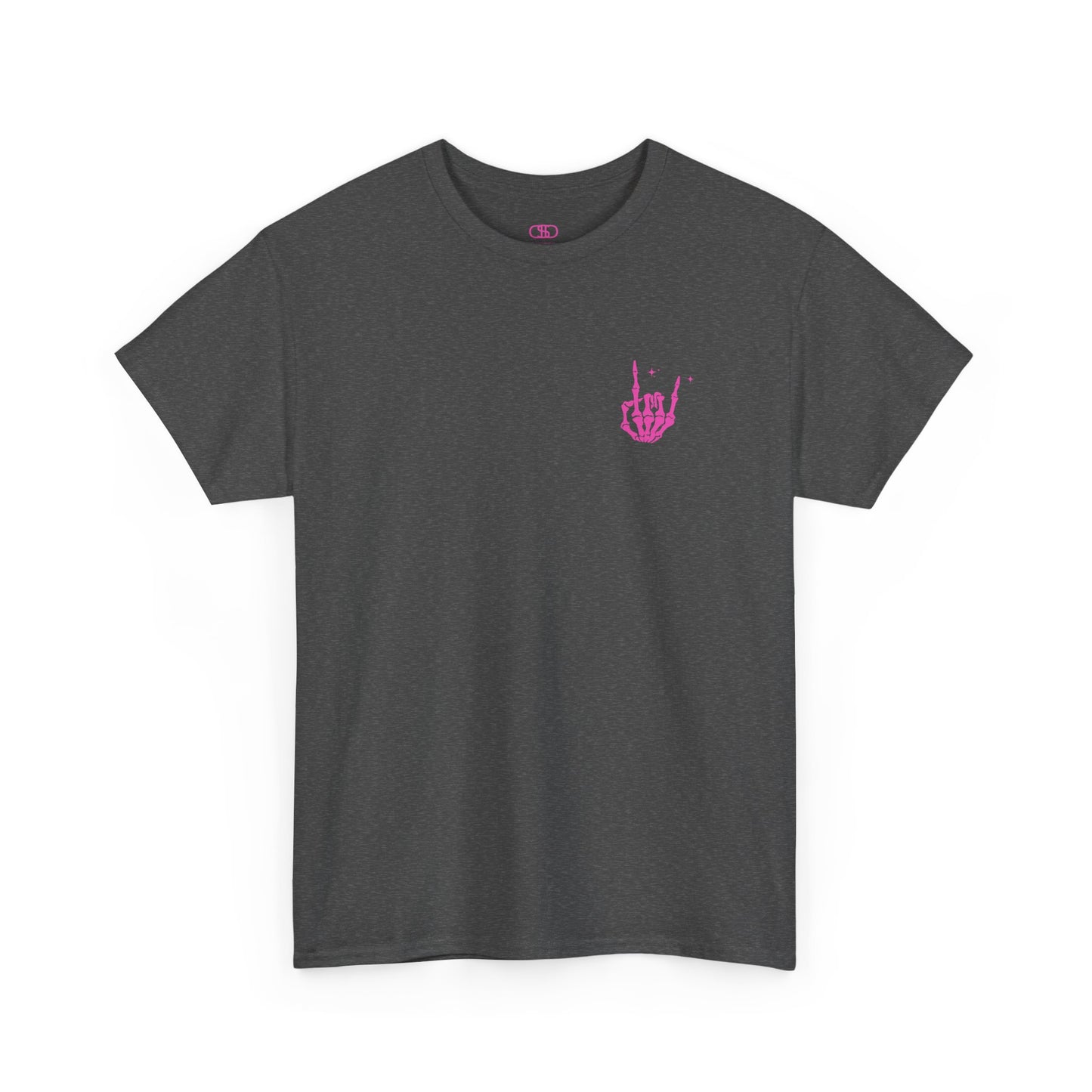 A heather gray t-shirt with a skeletal rock hand on the front and a melting emoji with the phrase “I match energy So ho we gon’ Act Today?” on the back.