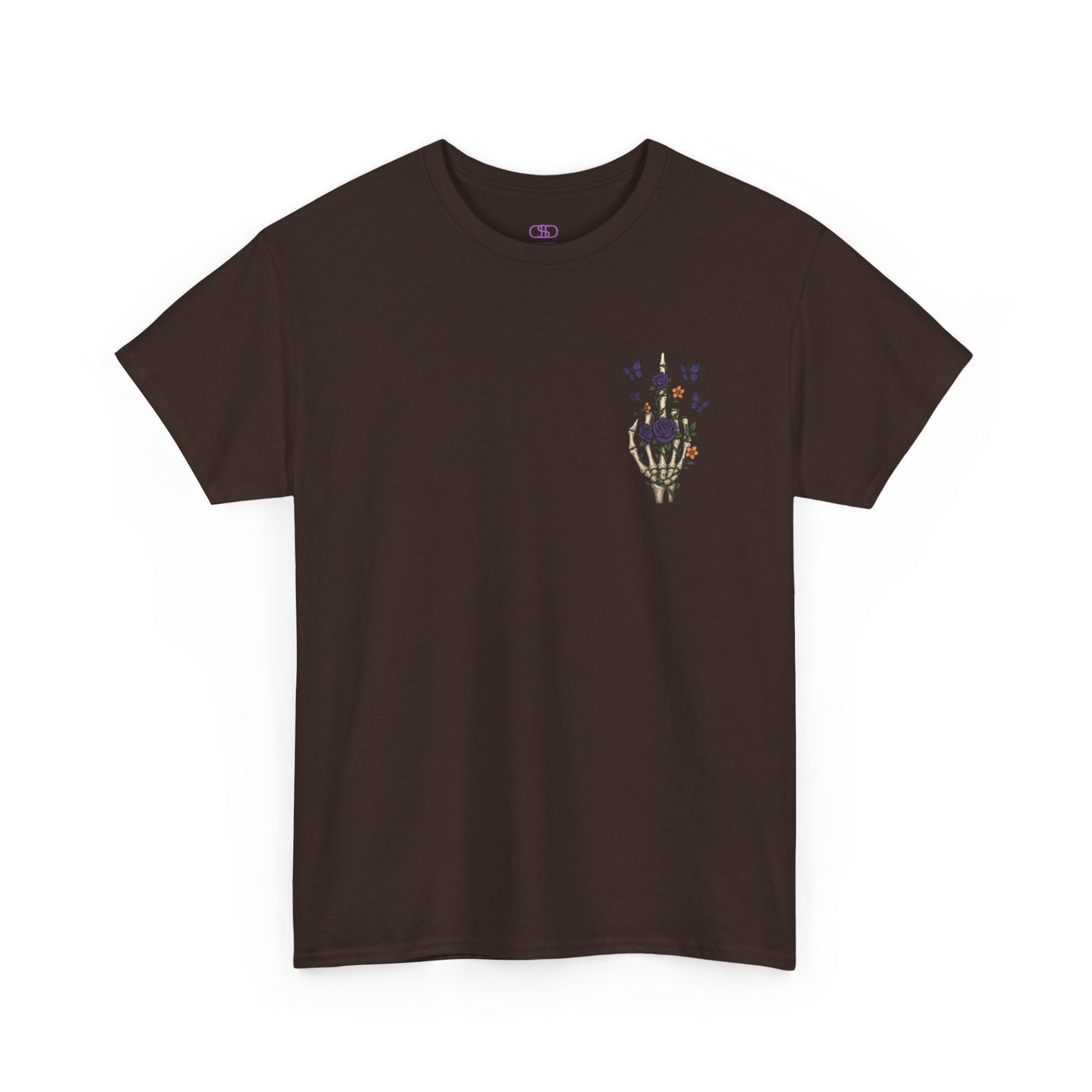 A dark brown t-shirt with a skeleton hand flipping its middle finger on the front surrounded by vines, roses, & butterflies, and a full skeleton design on the back with the phrase “My Last Flying Fuck.”