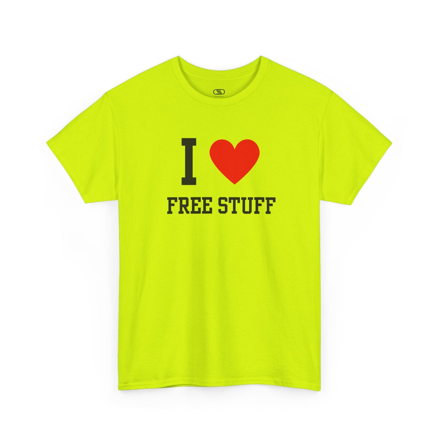 A funny safety green t-shirt with the iconic "I Love" design, featuring the text "I," a red heart, and the phrase "Free Stuff" below.