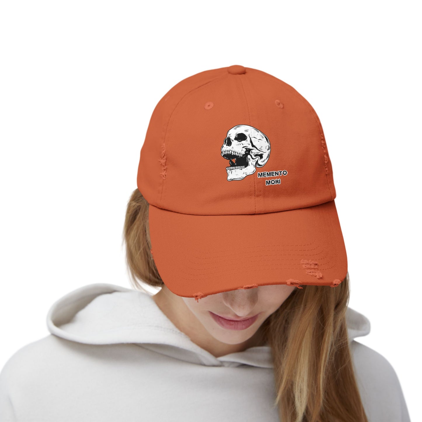 Memento Mori Distressed Hat – Skull Embroidered Cap with Gothic Flair