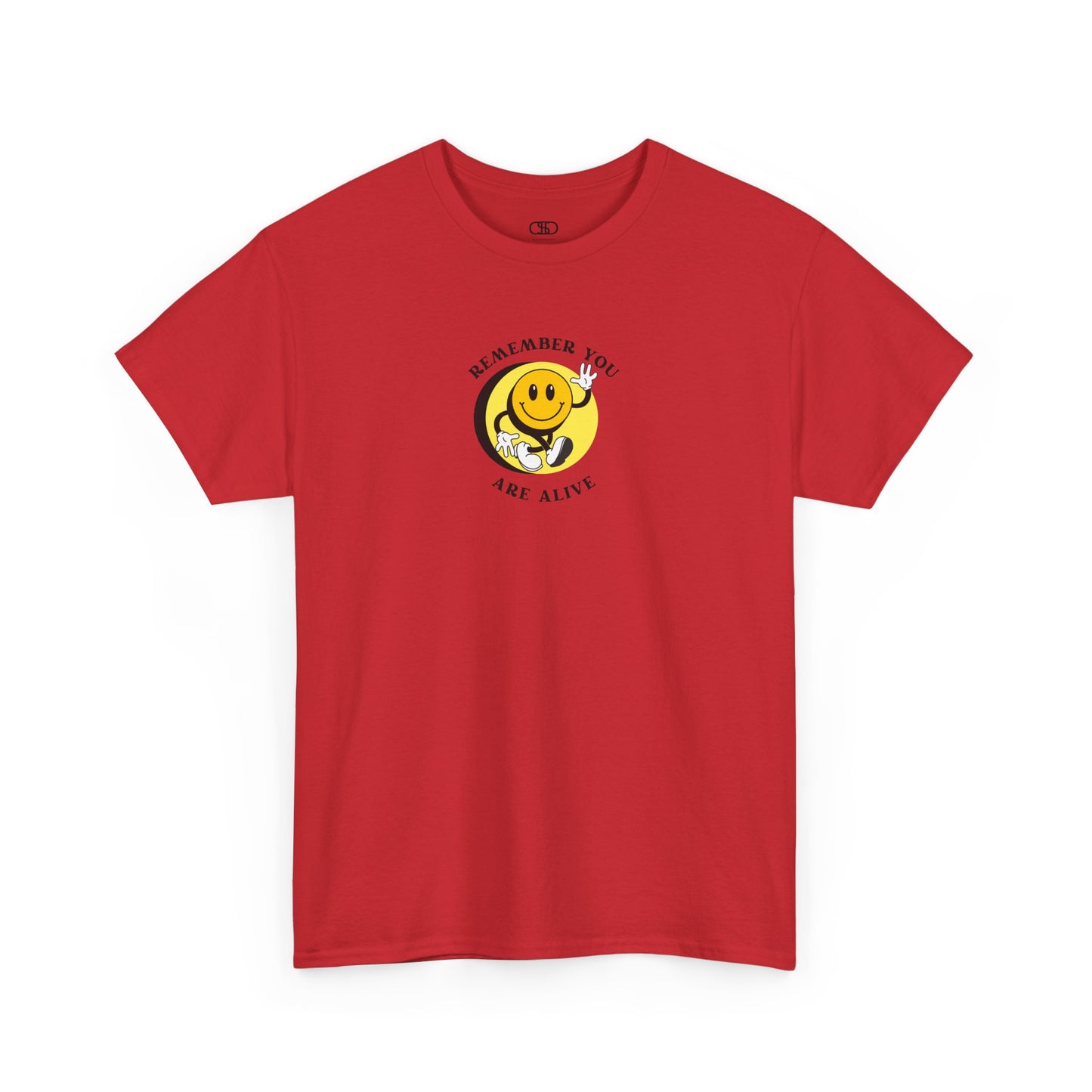 Red Front of a t-shirt showing a smiling waving emoji with curved text "Remember You Are Alive." The back shows a vibrant, smiling sunflower with the words "Make the Best Out of Everyday."