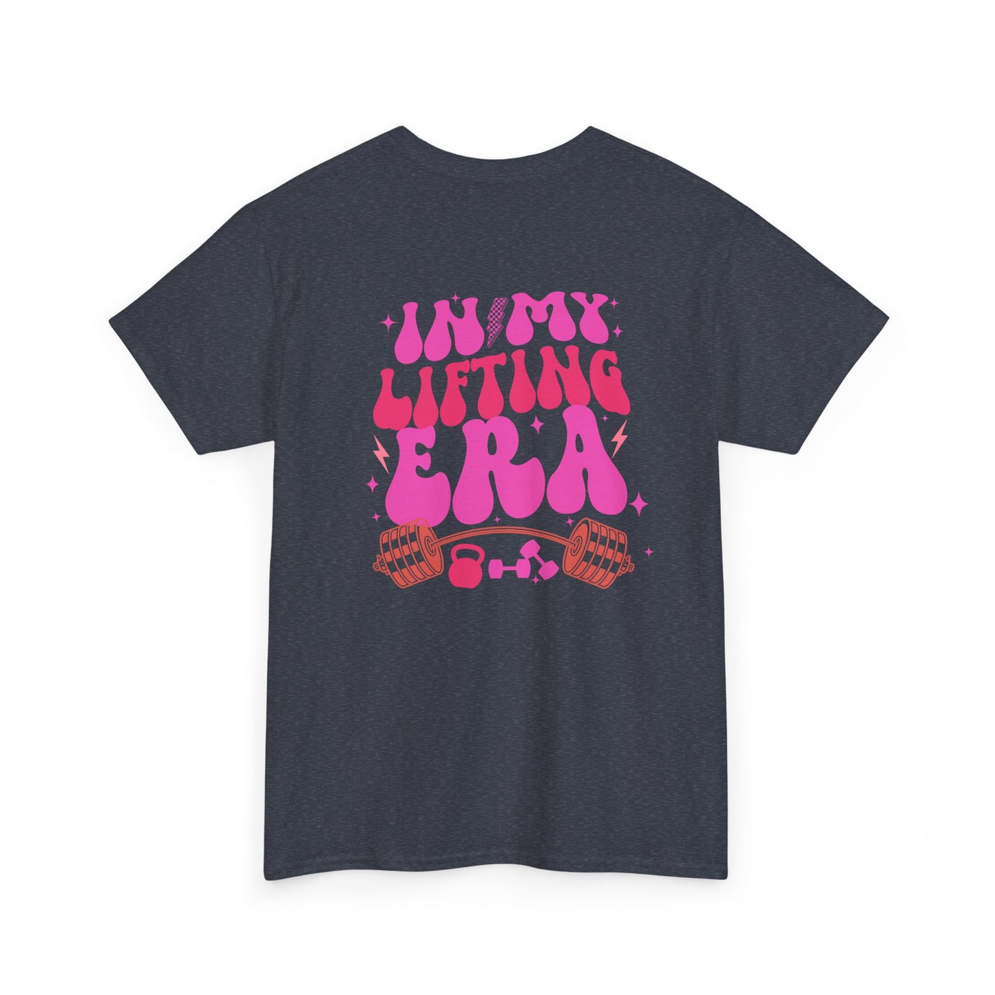 A folded dark heather t-shirt with a retro smiley face on the front and the phrase “In my lifting Era” in a creative retro design on the back.