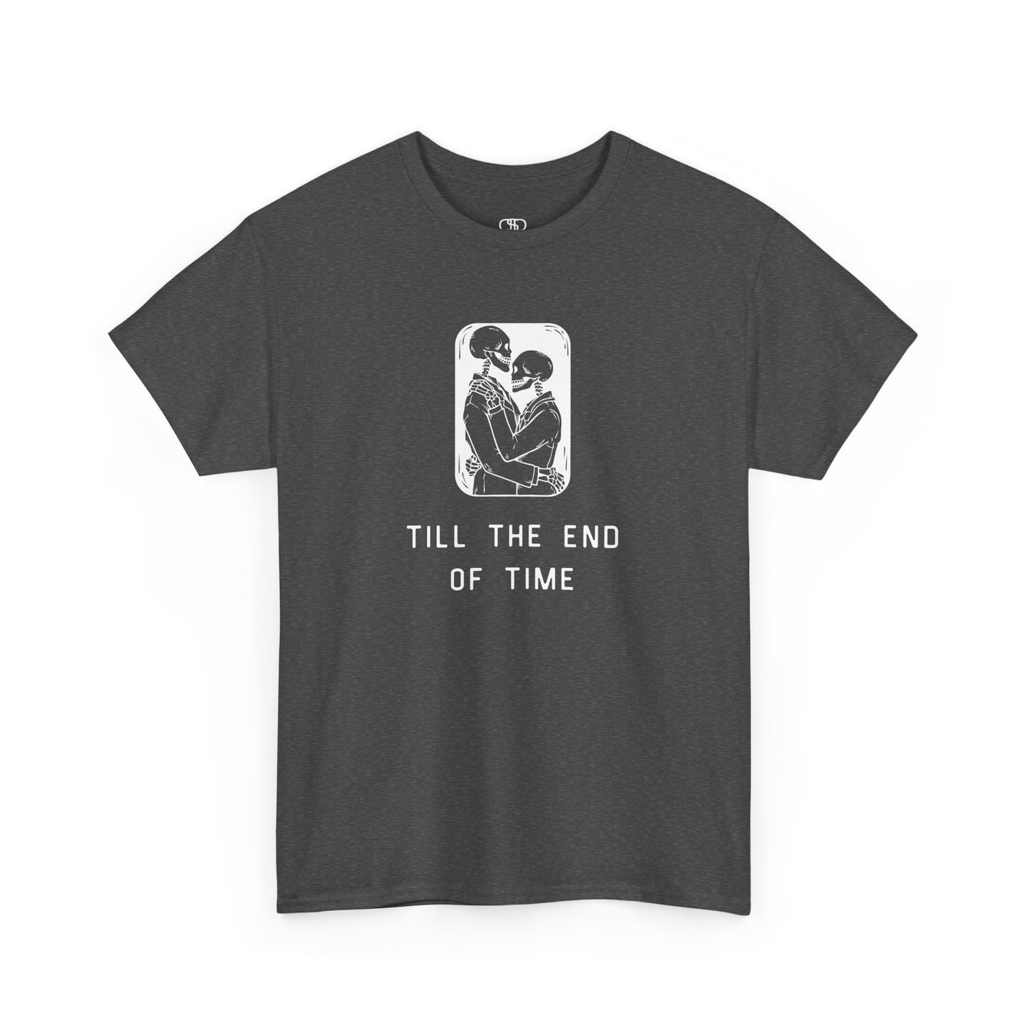 A t-shirt featuring a detailed print of two skeletons embracing in a hug with the text 'till the end of time' below them.