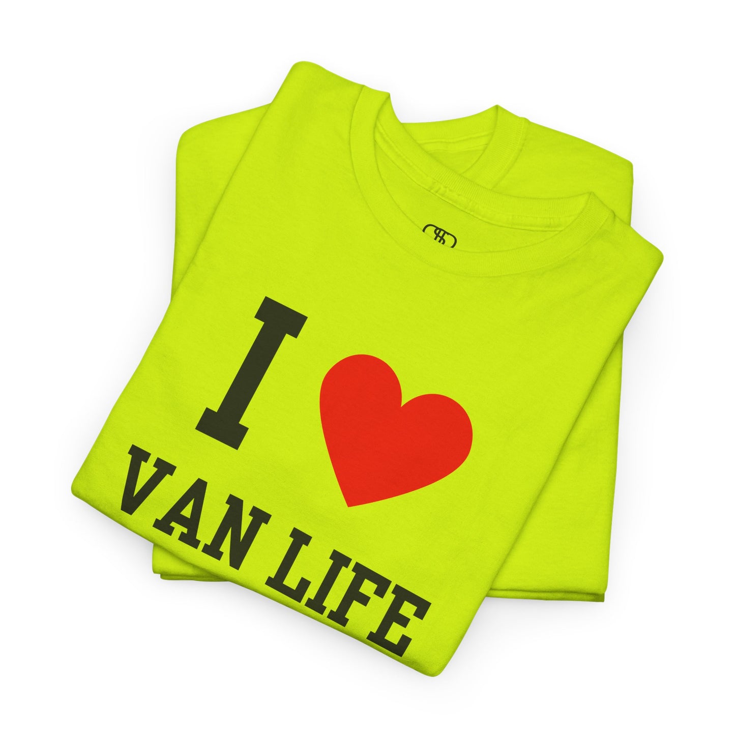 A safety Green t-shirt displaying the iconic "I Heart" design, with the text reading "I," followed by a red heart symbol, and the phrase "Van Life" underneath.