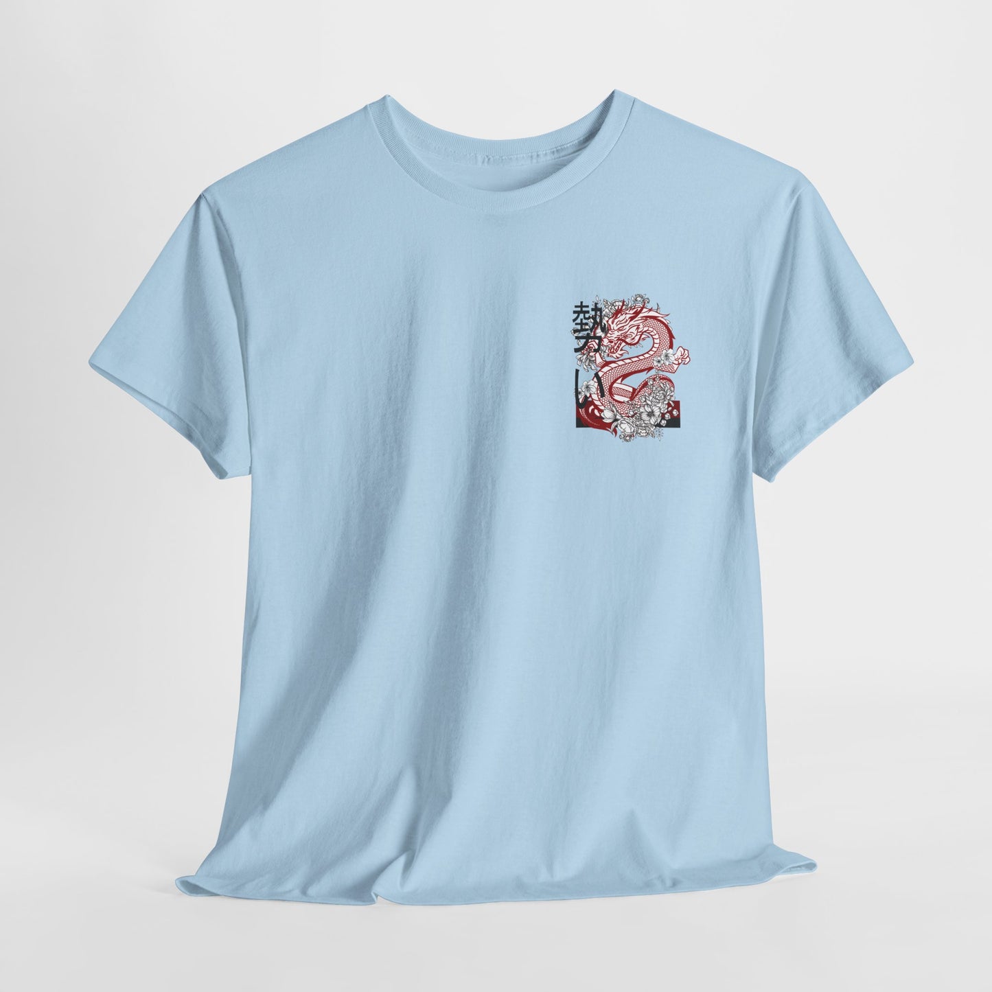 Front of a t-shirt featuring a fierce, stylized dragon in red, black, and white on the left chest area.