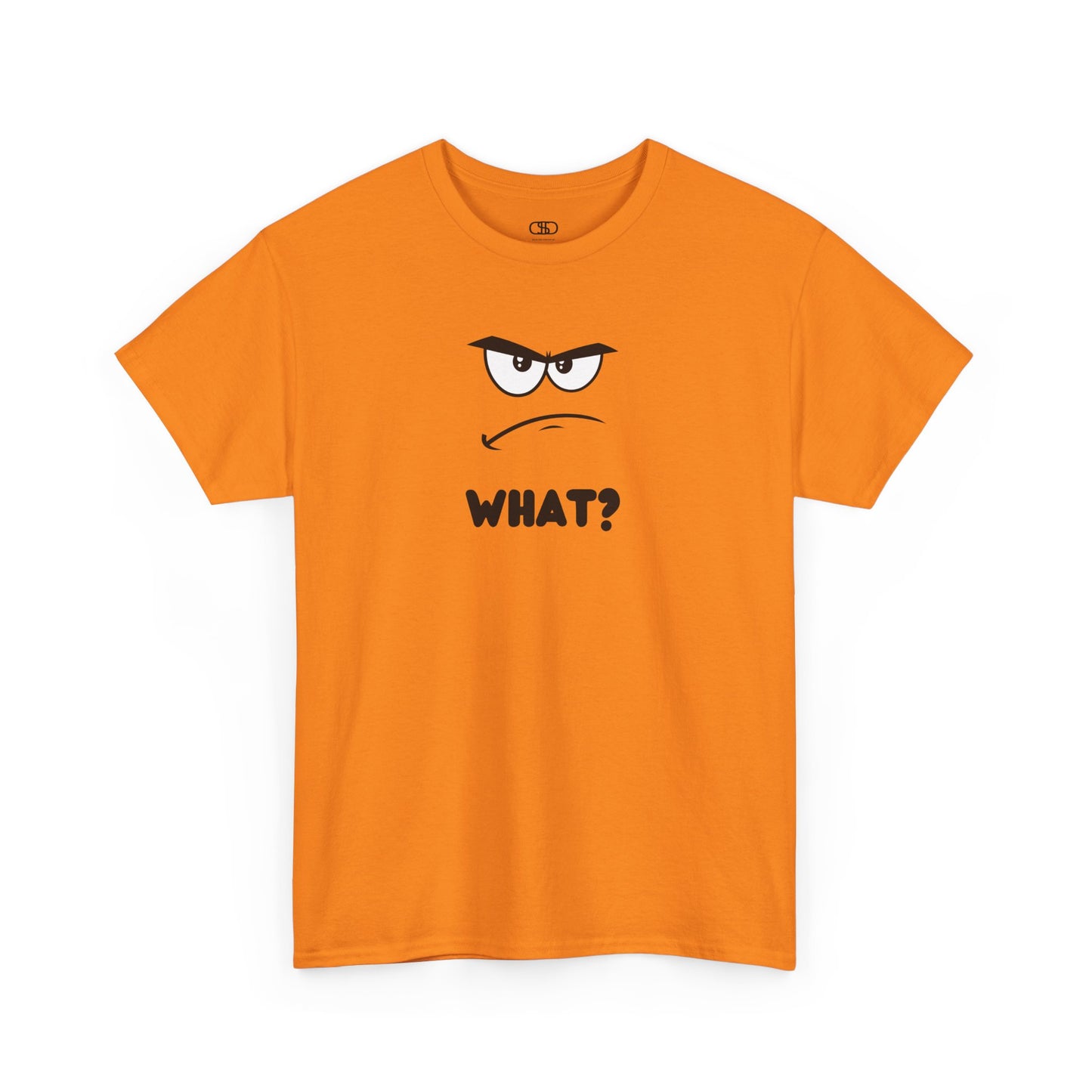 A t-shirt with a minimalist, faceless cartoon character showing an angry and confused expression. Below the character is the word 'WHAT?' in a bold font.