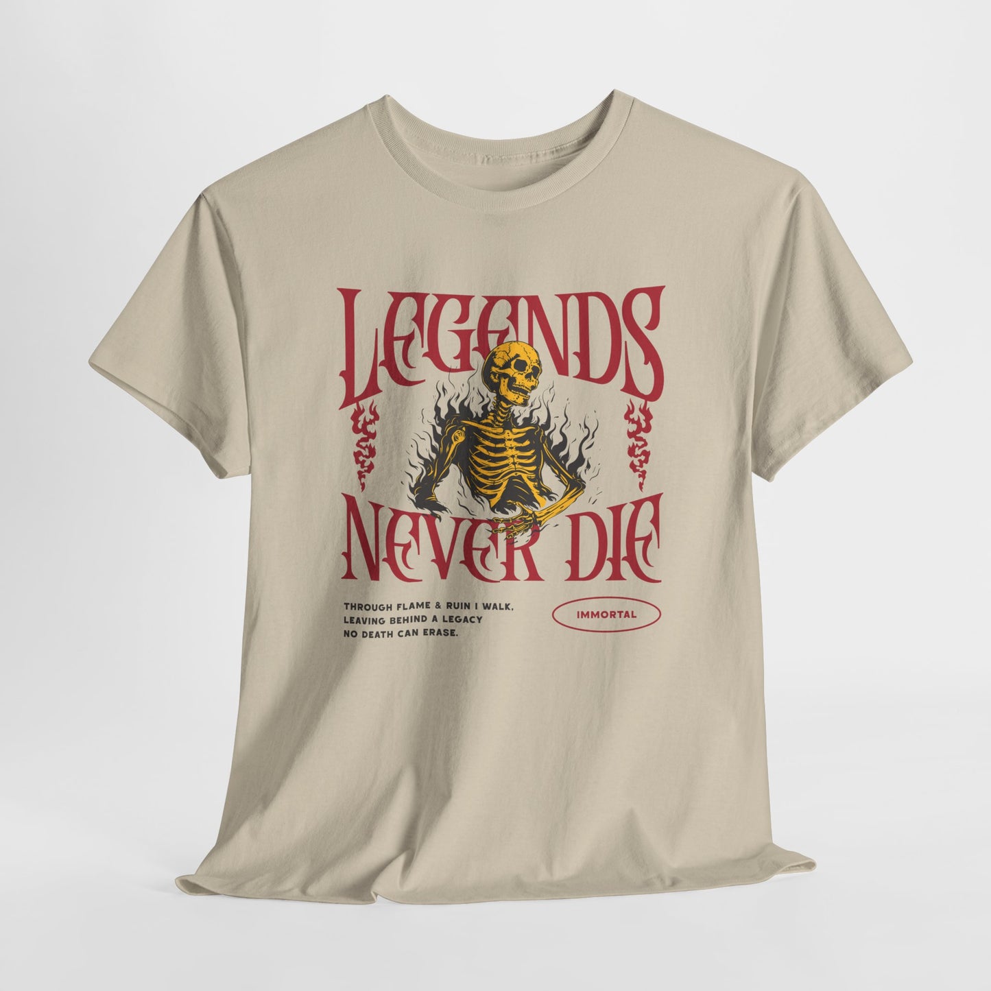 Legends Never Die T-Shirt | Immortal Flaming Skeleton Graphic Tee