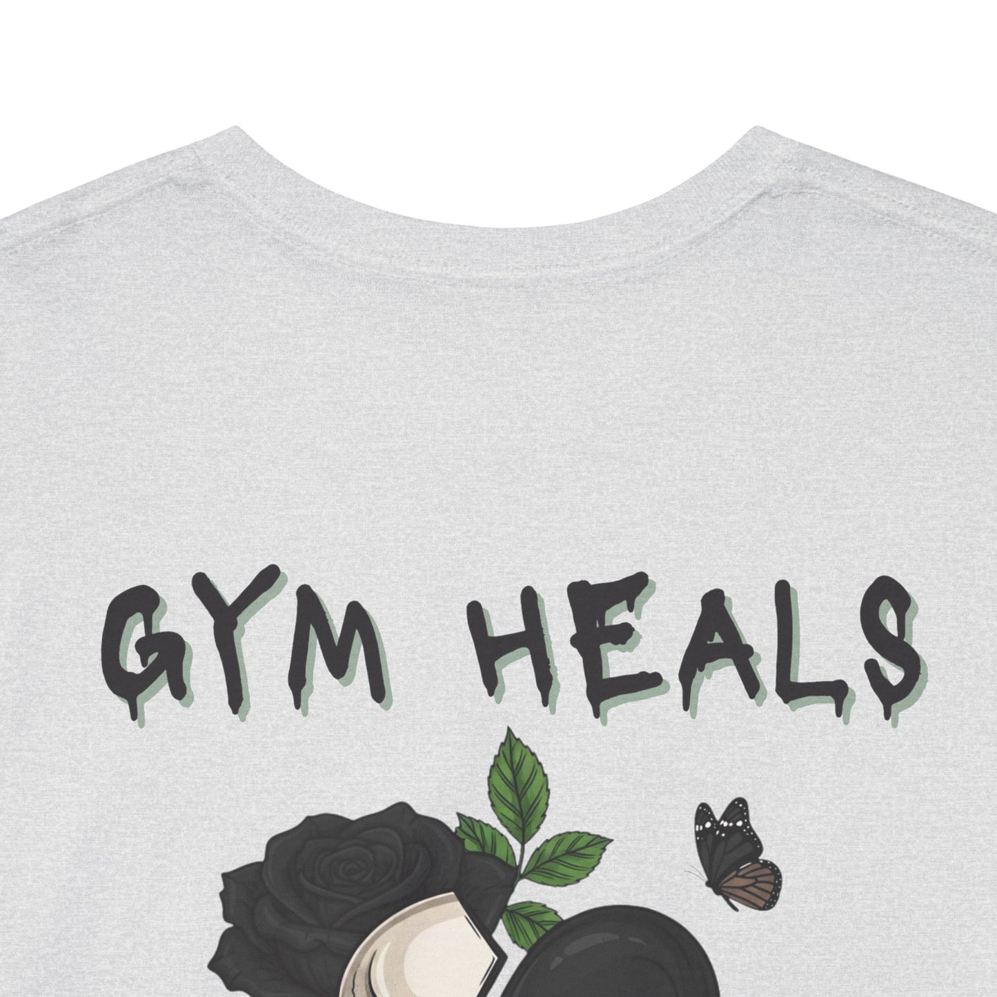 "Gym Heals" Broken Heart Skull Rose Tee in Black