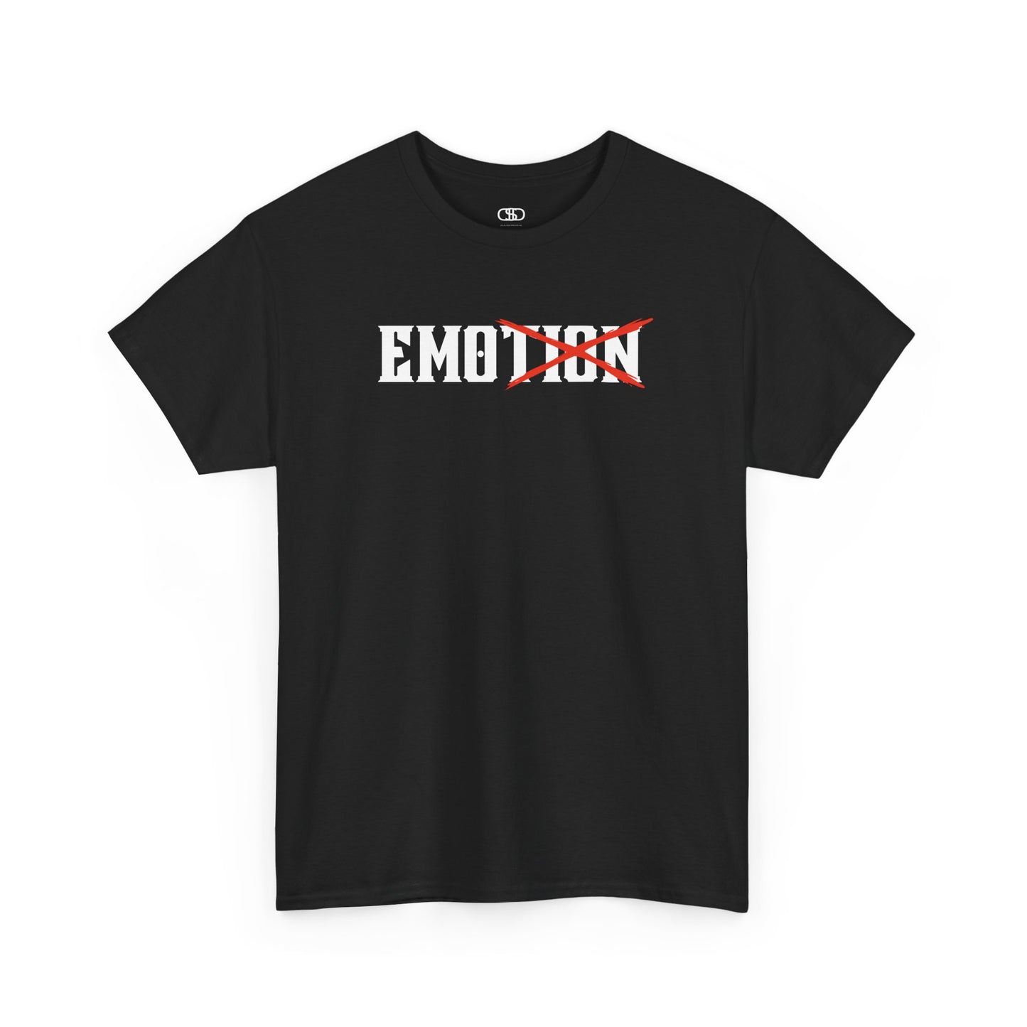A minimalist t-shirt featuring the word "EMOTION" with the letters 'TION' crossed out, emphasizing the word 'EMO' in a bold font.