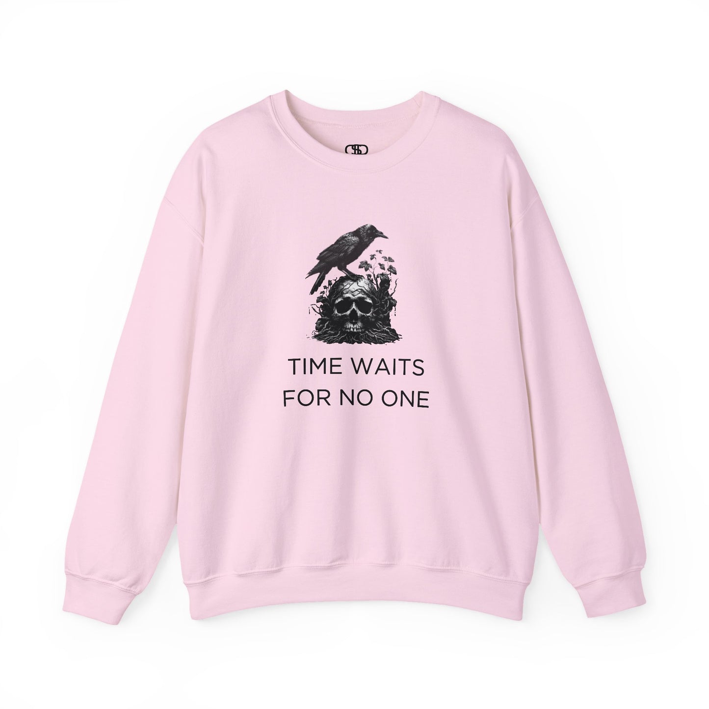 A sweatshirt featuring a detailed illustration of a crow perched on a human skull that is intertwined with overgrown vines and moss. Along with the words Time Waits For No One.