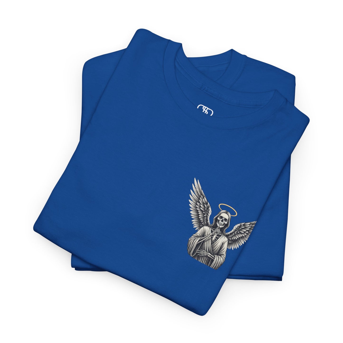 A folded royal blue t-shirt with a skeleton angel on the front and the phrase “Shh. No one Cares” on the back.