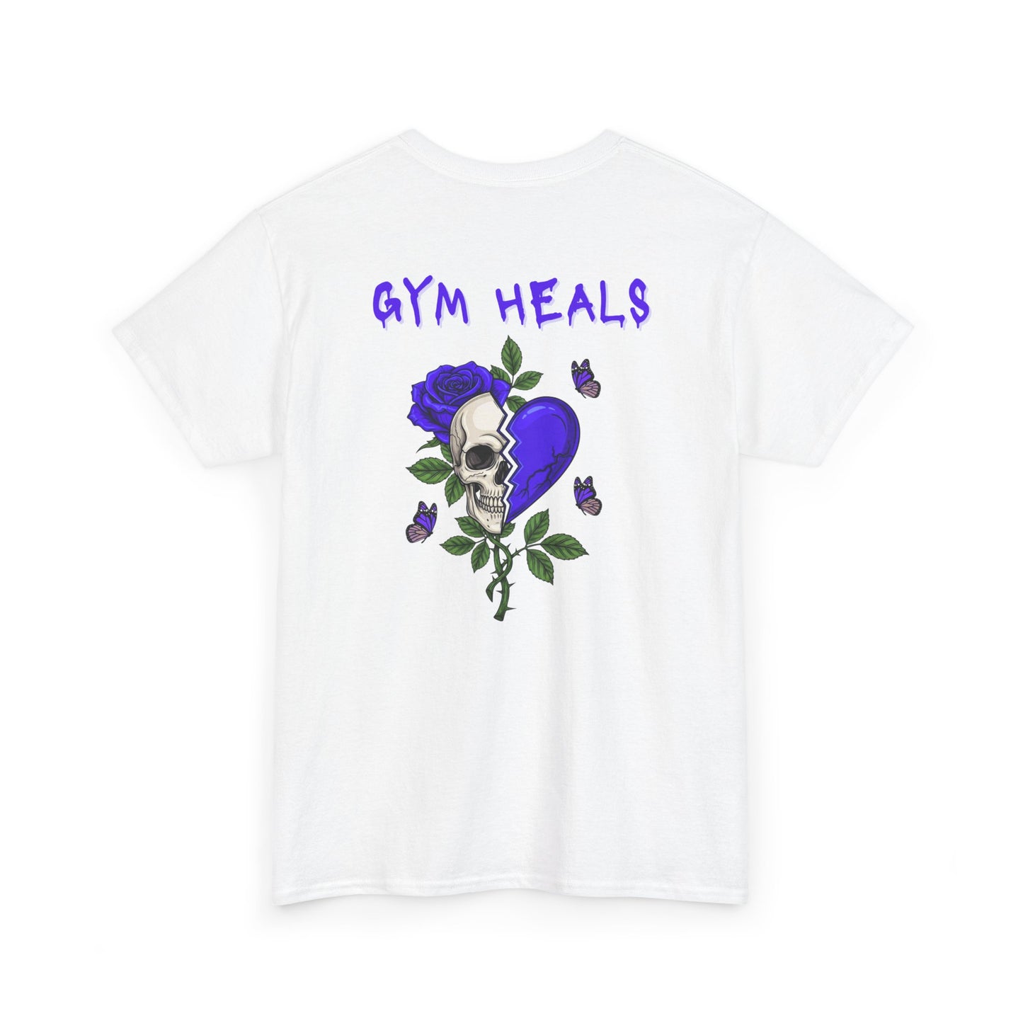 A white t-shirt with a front design of a half skull, half broken purple heart, and a rose. The back reads "Gym Heals" along with a similar design found on the front.