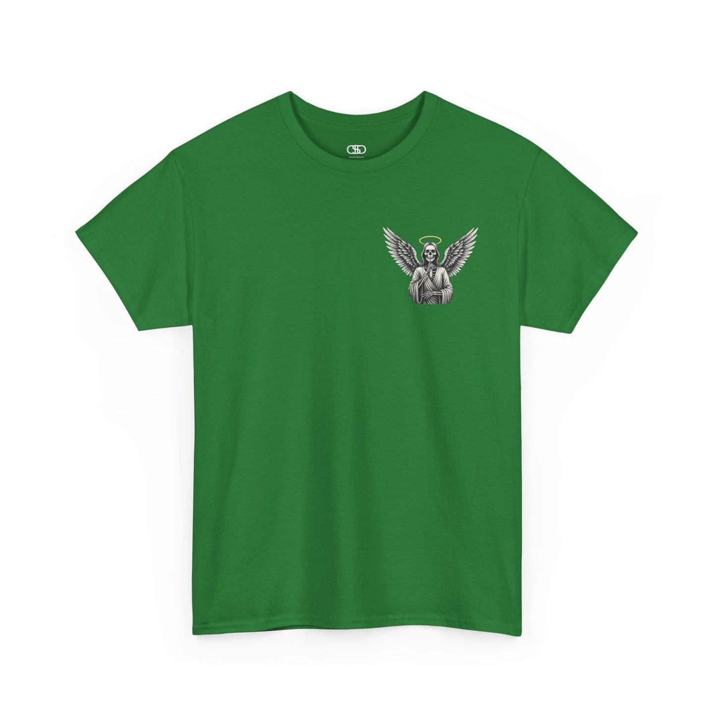 A irish green t-shirt with a skeleton angel on the front and the phrase “Shh. No one Cares” on the back.