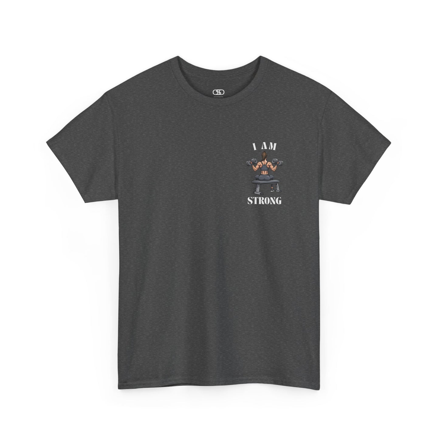 A dark heather t-shirt with a woman lifting weights on the front with "I am strong" and a larger design on the back stating “Strong is beautiful.”