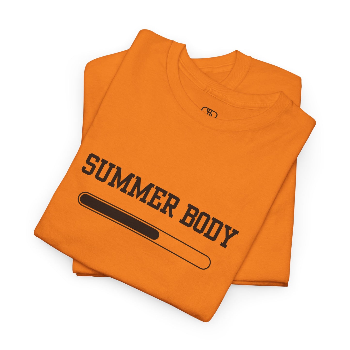 An orange folded t-shirt with a loading bar and “Summer Body” on the front and “I left my summer body at home I prefer not to show off” on the back.