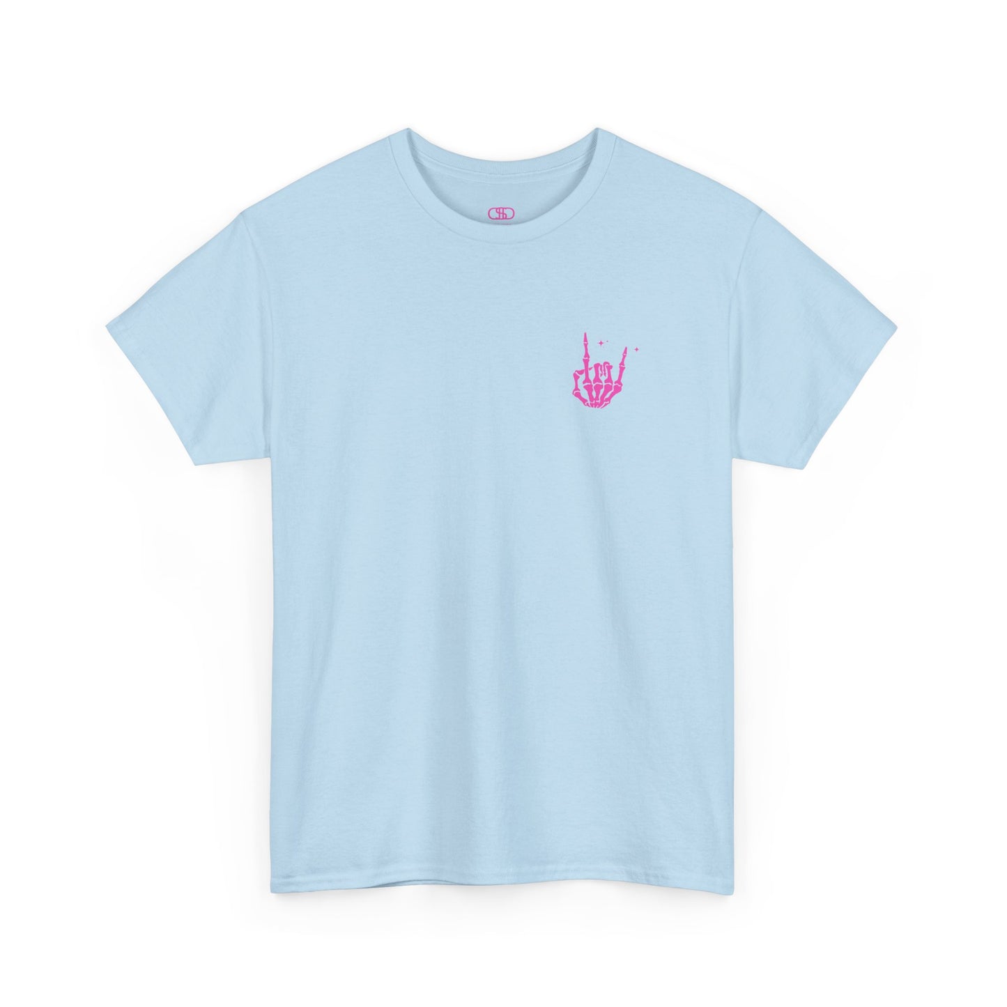 A light blue t-shirt with a skeletal rock hand on the front and a melting emoji with the phrase “I match energy So ho we gon’ Act Today?” on the back.