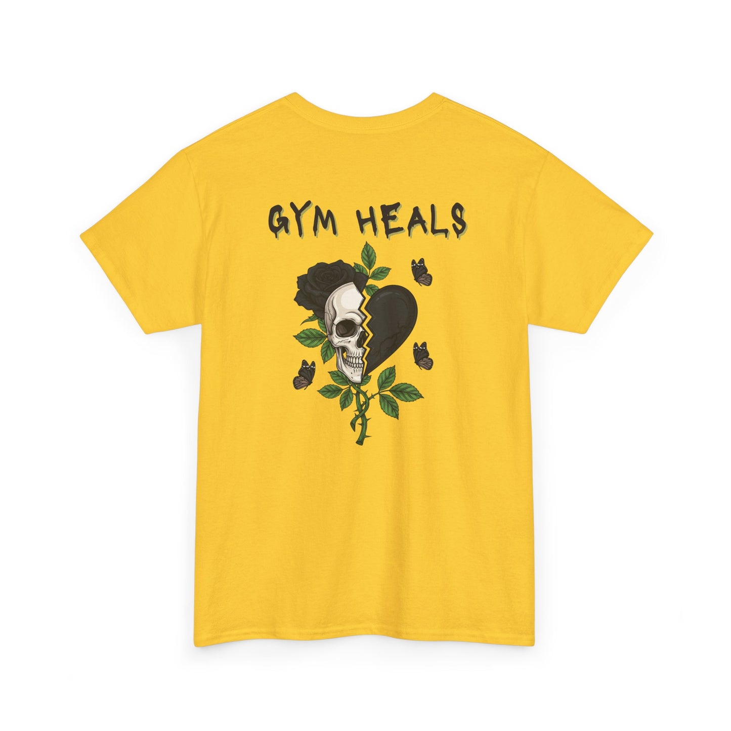 A daisy t-shirt with a front design of a half skull, half broken heart, and a rose. The back reads "Gym Heals" in black.