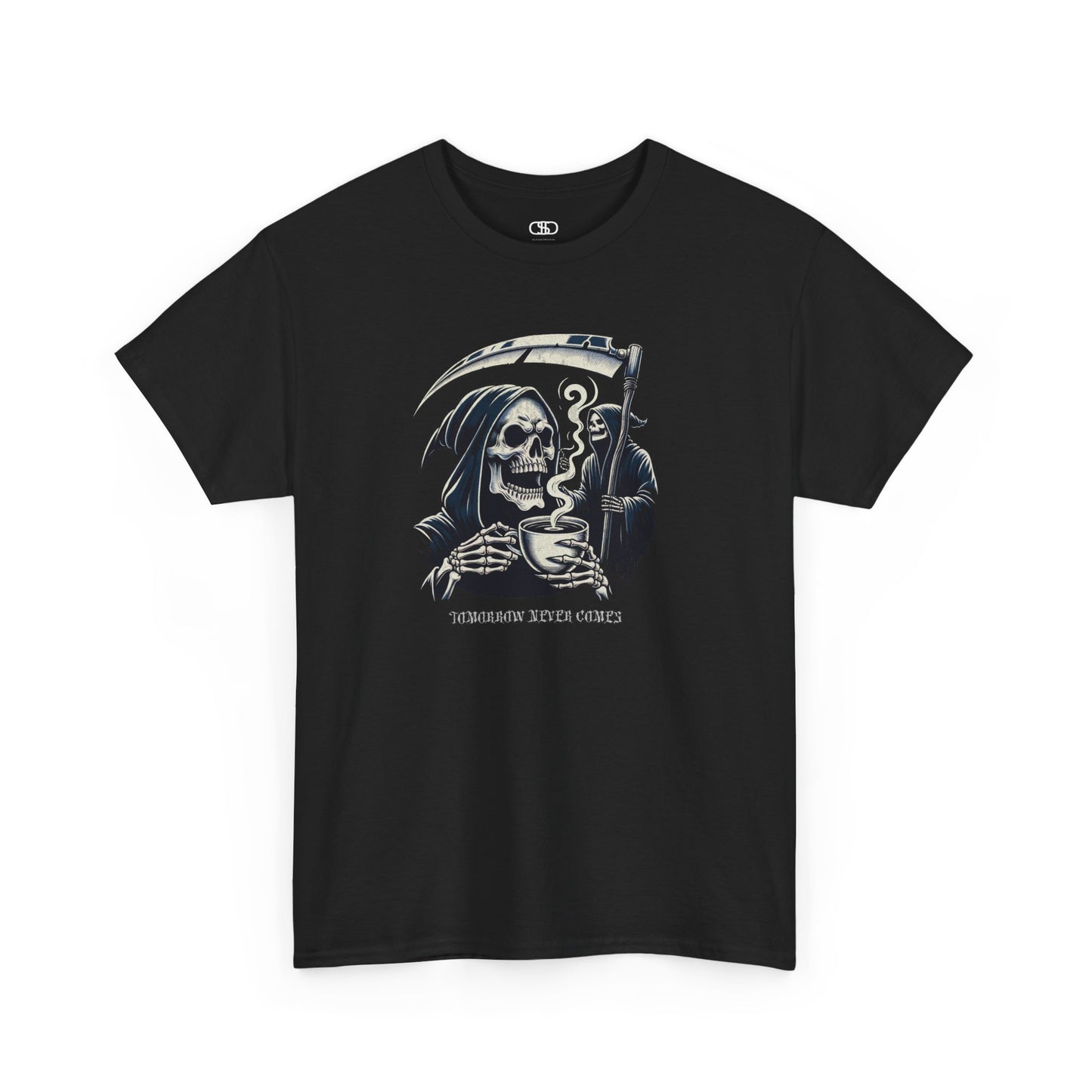A t-shirt graphic of a grim reaper in the foreground drinking from a hot coffee mug. Another grim reaper stands ominously in the background holding a large scythe.