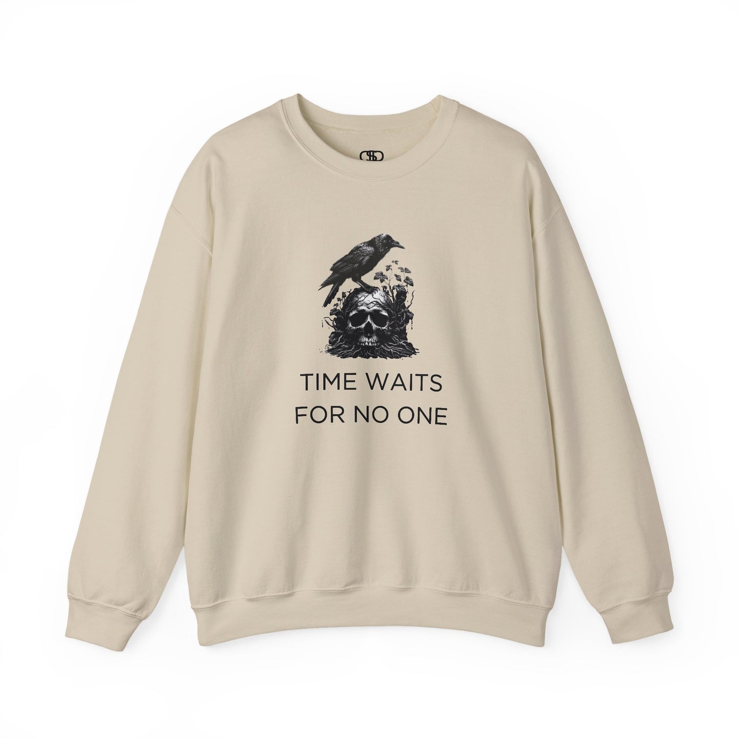 A sweatshirt featuring a detailed illustration of a crow perched on a human skull that is intertwined with overgrown vines and moss. Along with the words Time Waits For No One.