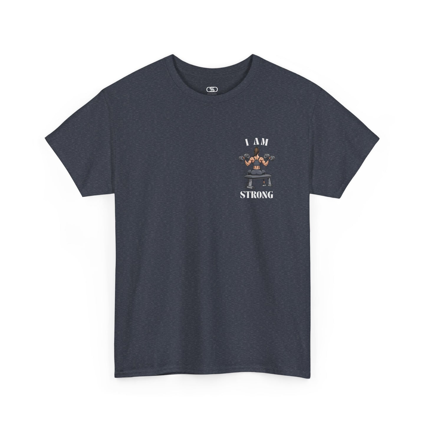 A heather navy t-shirt with a woman lifting weights on the front with "I am strong" and a larger design on the back stating “Strong is beautiful.”