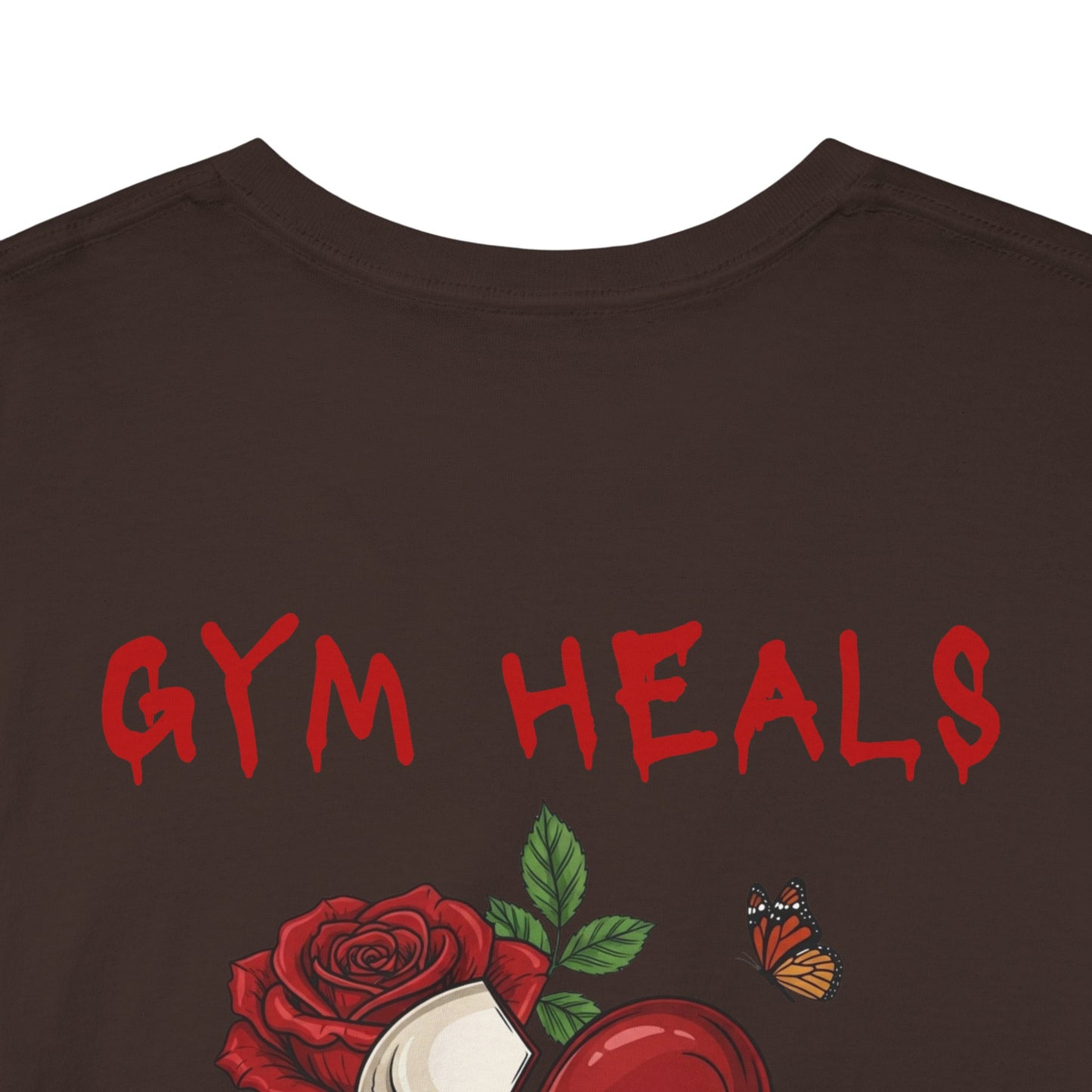 "Gym Heals" Broken Red Heart Skull Rose Tee