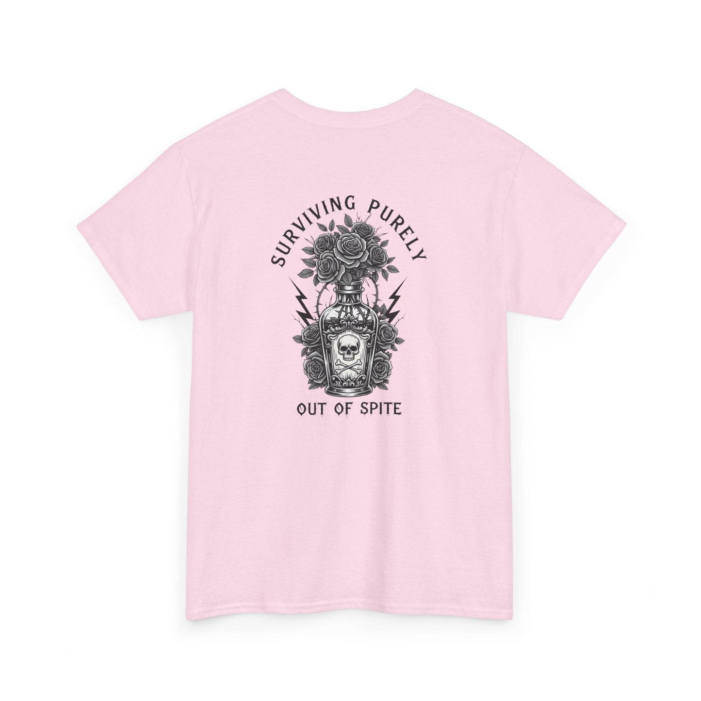 A light pink t-shirt with a skull and crossbones vase filled with roses and the words “Surviving Purely Out of Spite” in a gothic font.