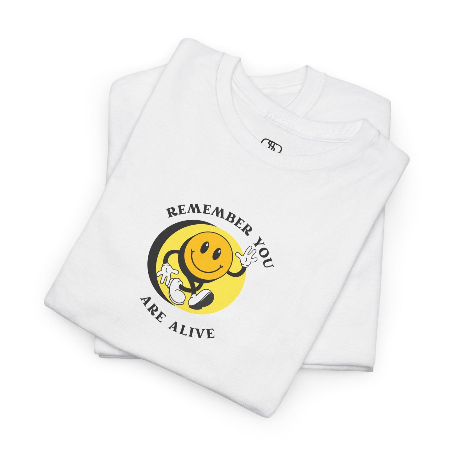 Folded Front of a t-shirt showing a smiling waving emoji with curved text "Remember You Are Alive." The back shows a vibrant, smiling sunflower with the words "Make the Best Out of Everyday."