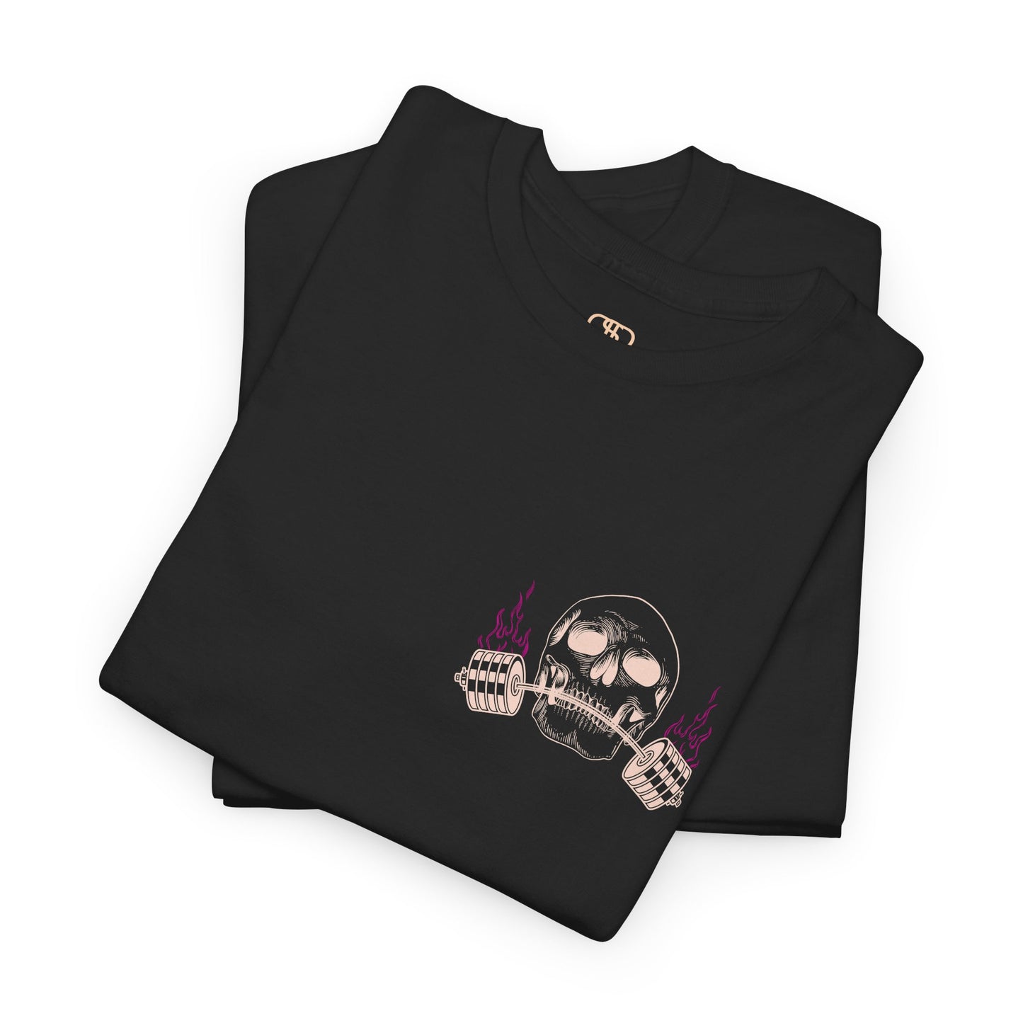 A folded black t-shirt with a skull lifting a barbell on the front and the words “Gym Therapy In Session” with the same skull on the back.