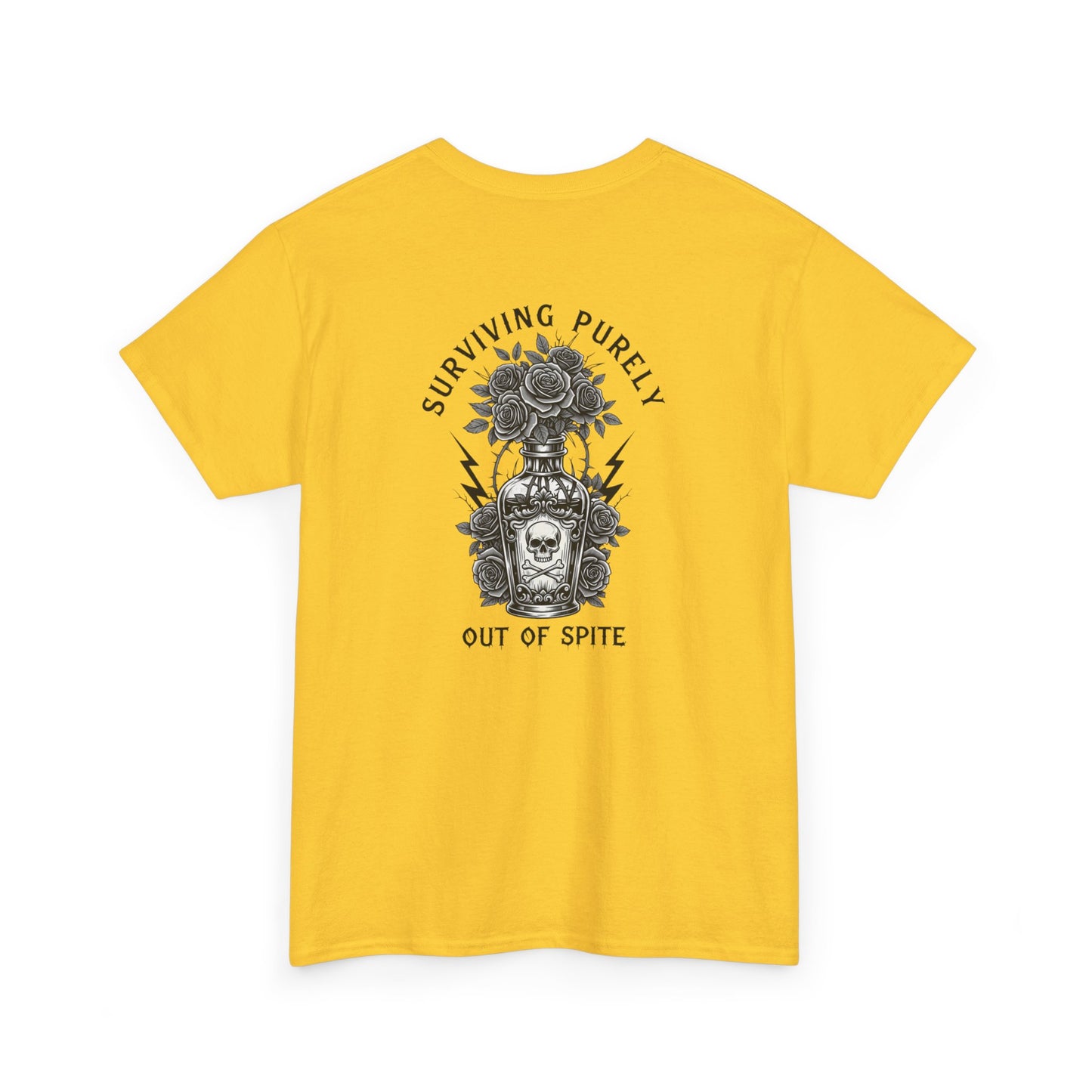 A daisy t-shirt with a skull and crossbones vase filled with roses and the words “Surviving Purely Out of Spite” in a gothic font.
