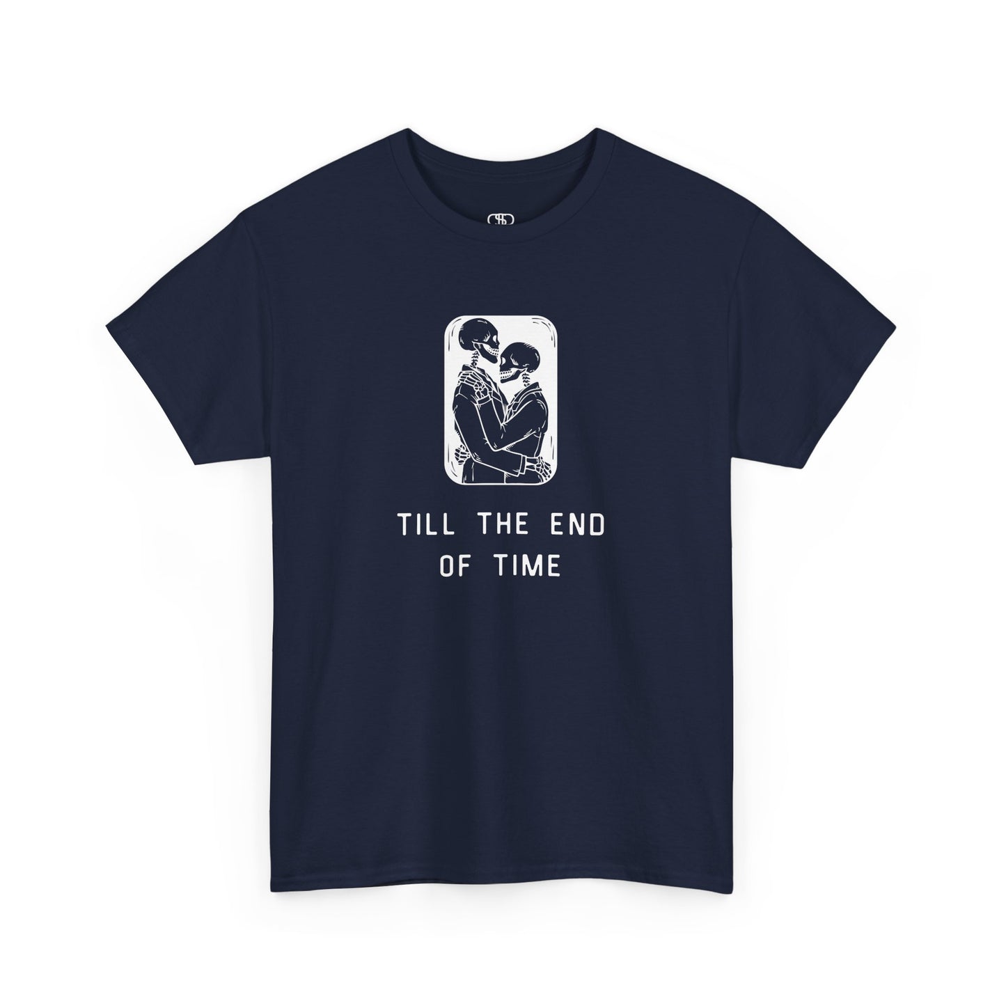 A t-shirt featuring a detailed print of two skeletons embracing in a hug with the text 'till the end of time' below them.